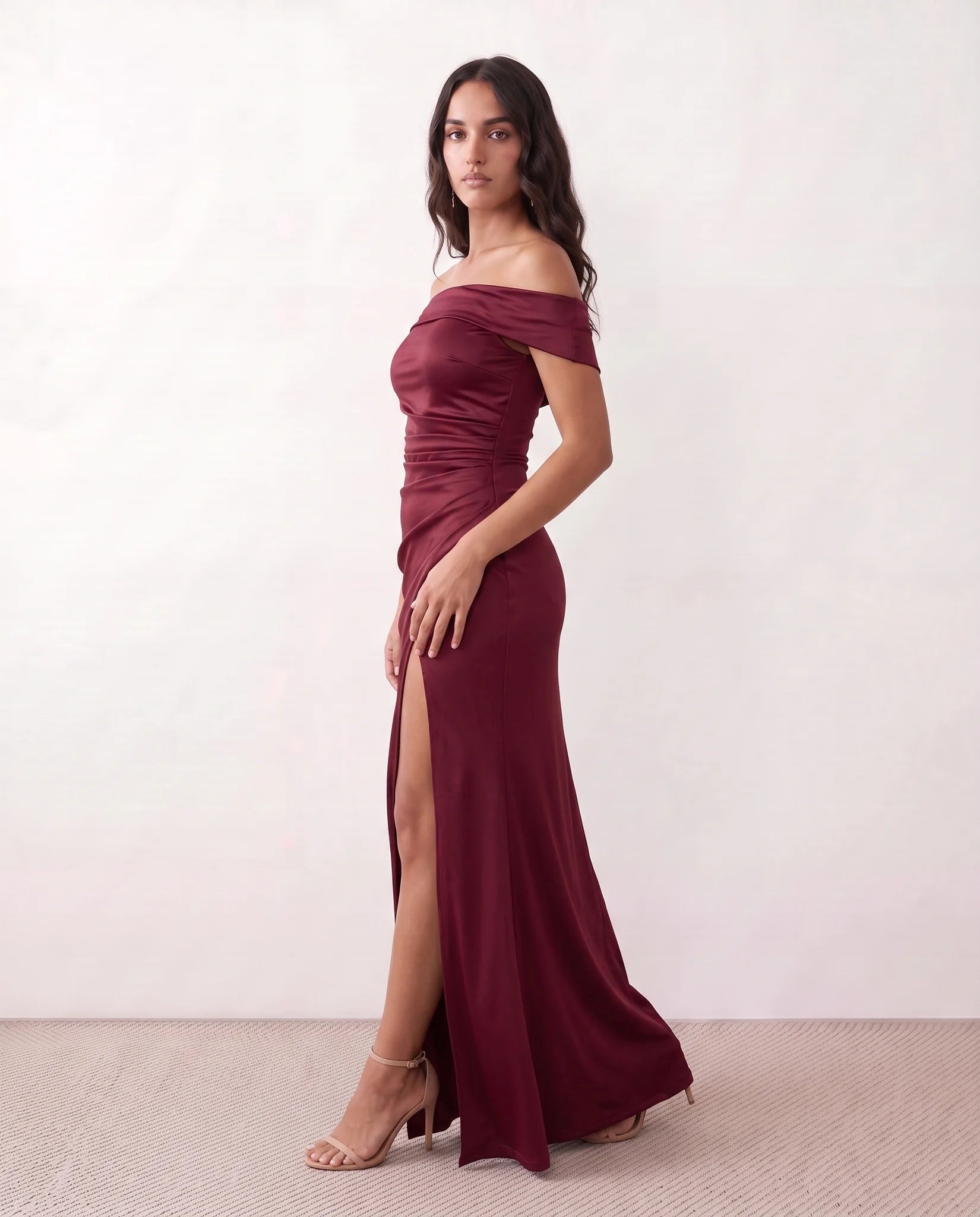 Adela Glossy Off Shoulder Maxi Dress in Burgundy — side view