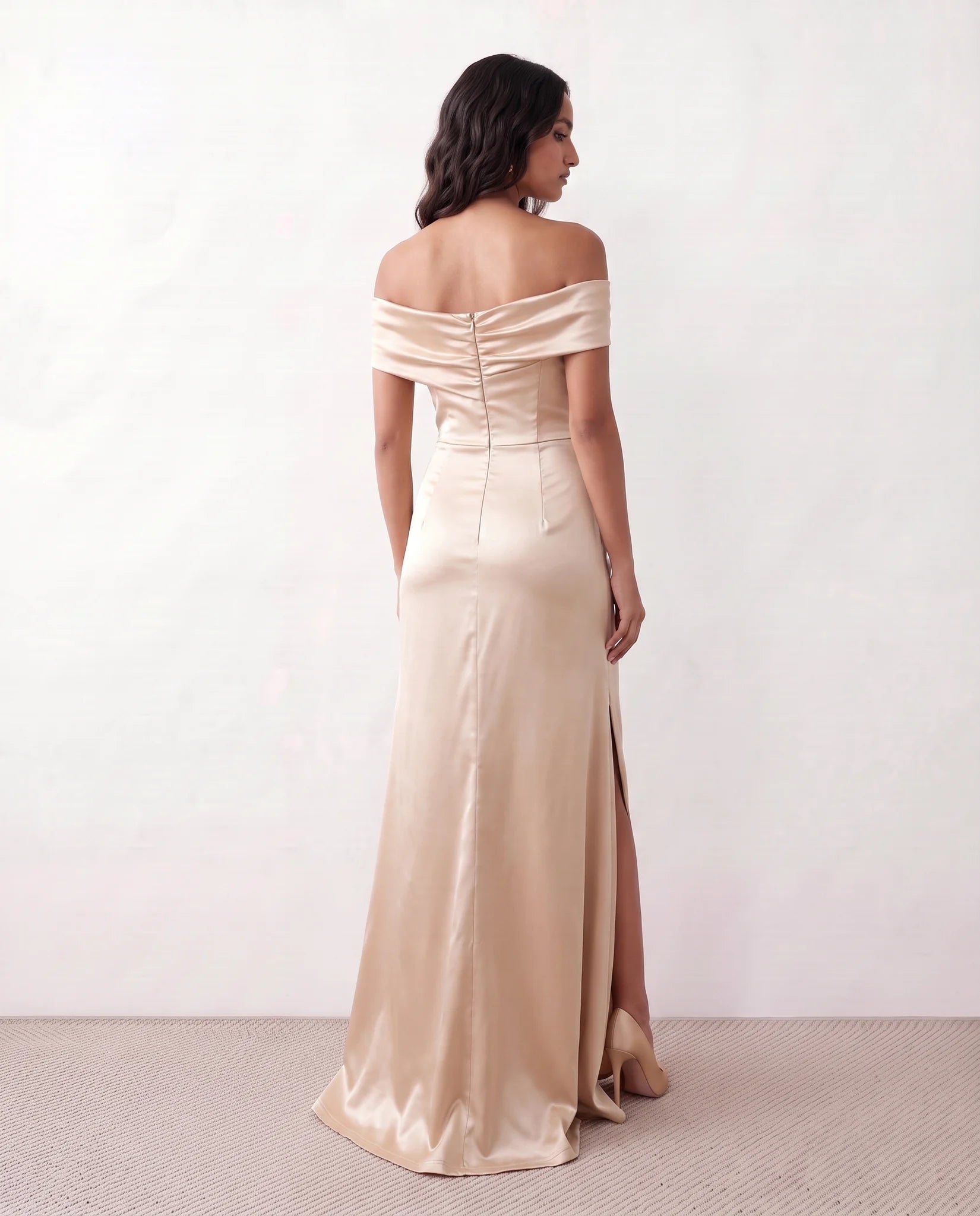 Adela Glossy Off Shoulder Maxi Dress in Champagne — back view