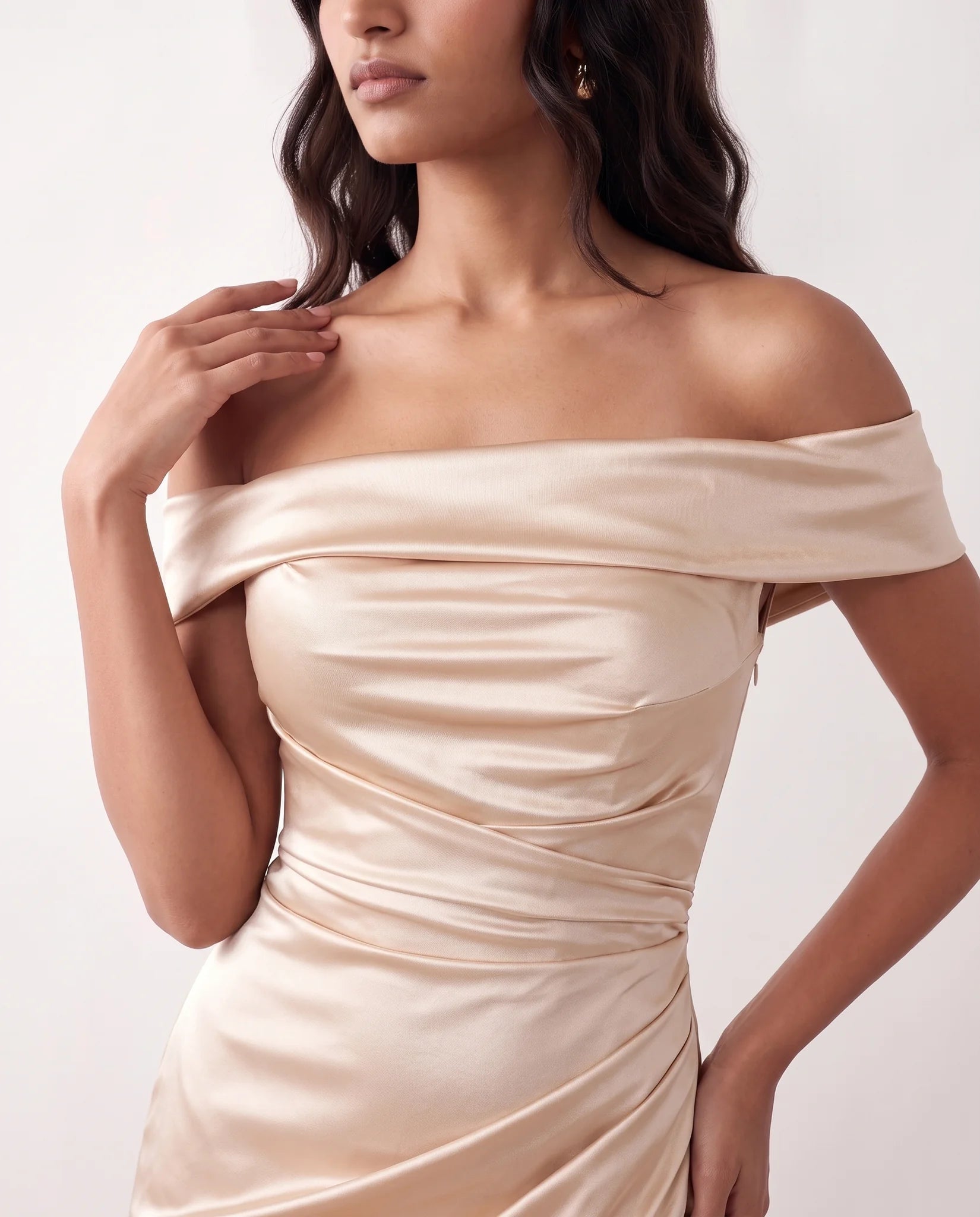 Adela Glossy Off Shoulder Maxi Dress in Champagne — detail close-up
