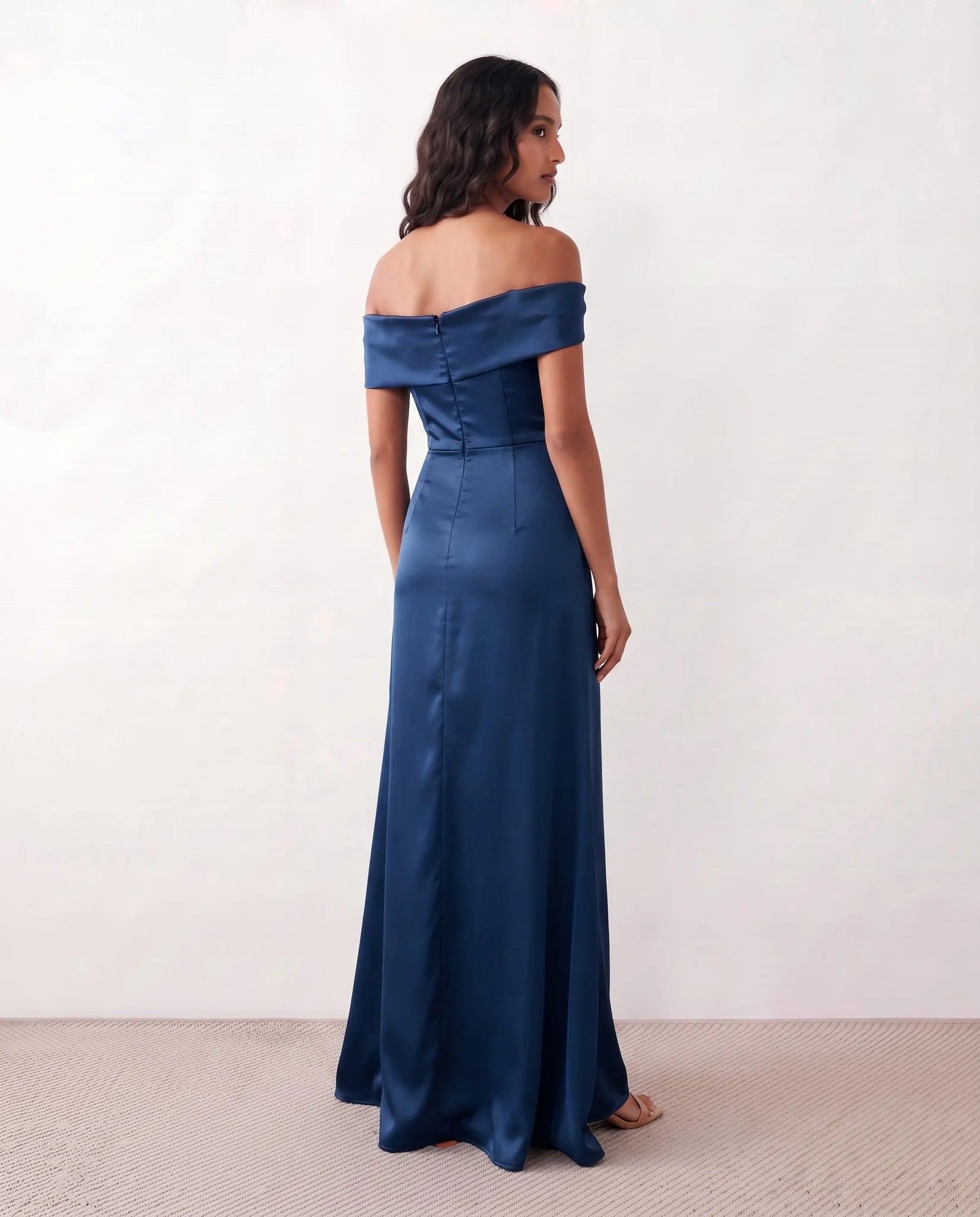 Adela Glossy Off Shoulder Maxi Dress in Navy — back view