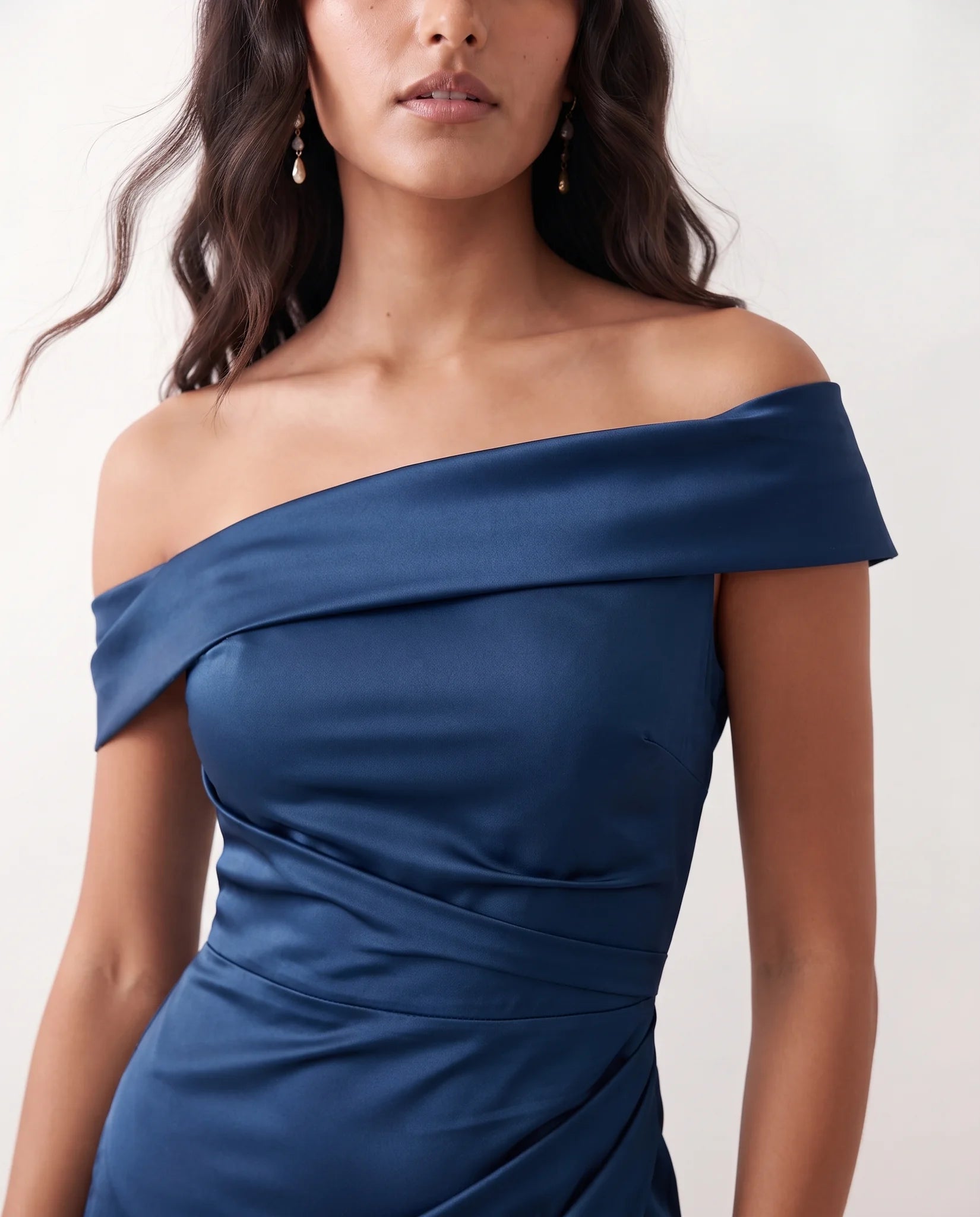 Adela Glossy Off Shoulder Maxi Dress in Navy — detail close-up