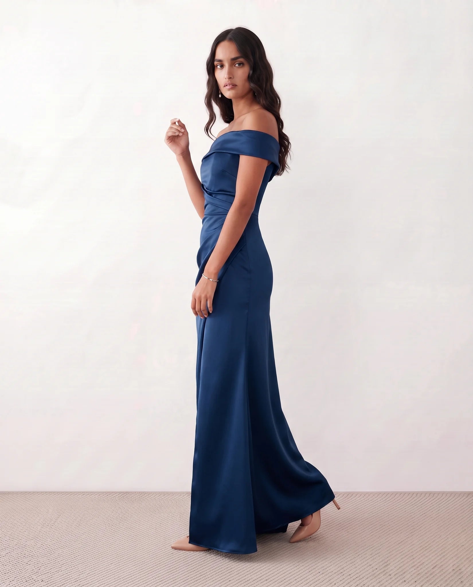 Adela Glossy Off Shoulder Maxi Dress in Navy — side view