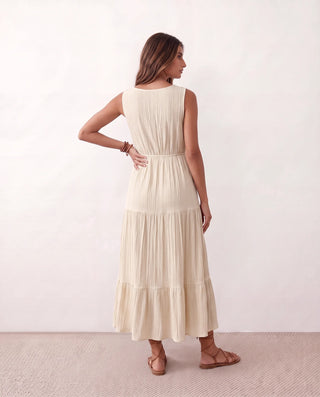 Lubomira A-Line Tiered Midi Dress in Beige — back view