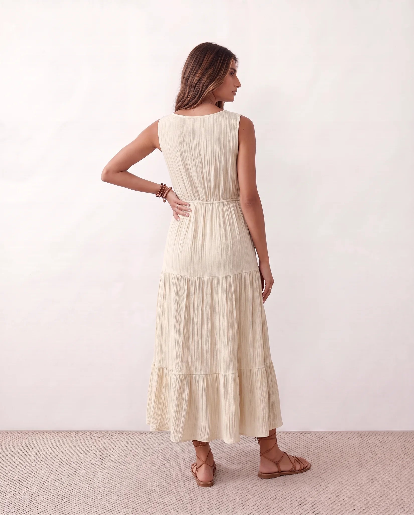 Lubomira A-Line Tiered Midi Dress in Beige — back view
