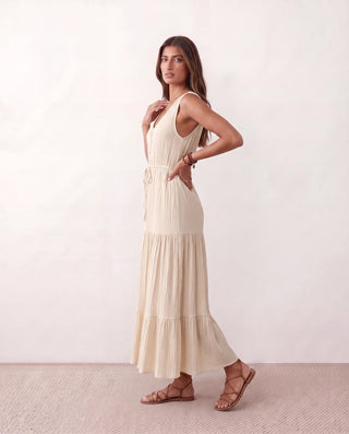 Lubomira A-Line Tiered Midi Dress in Beige — side view