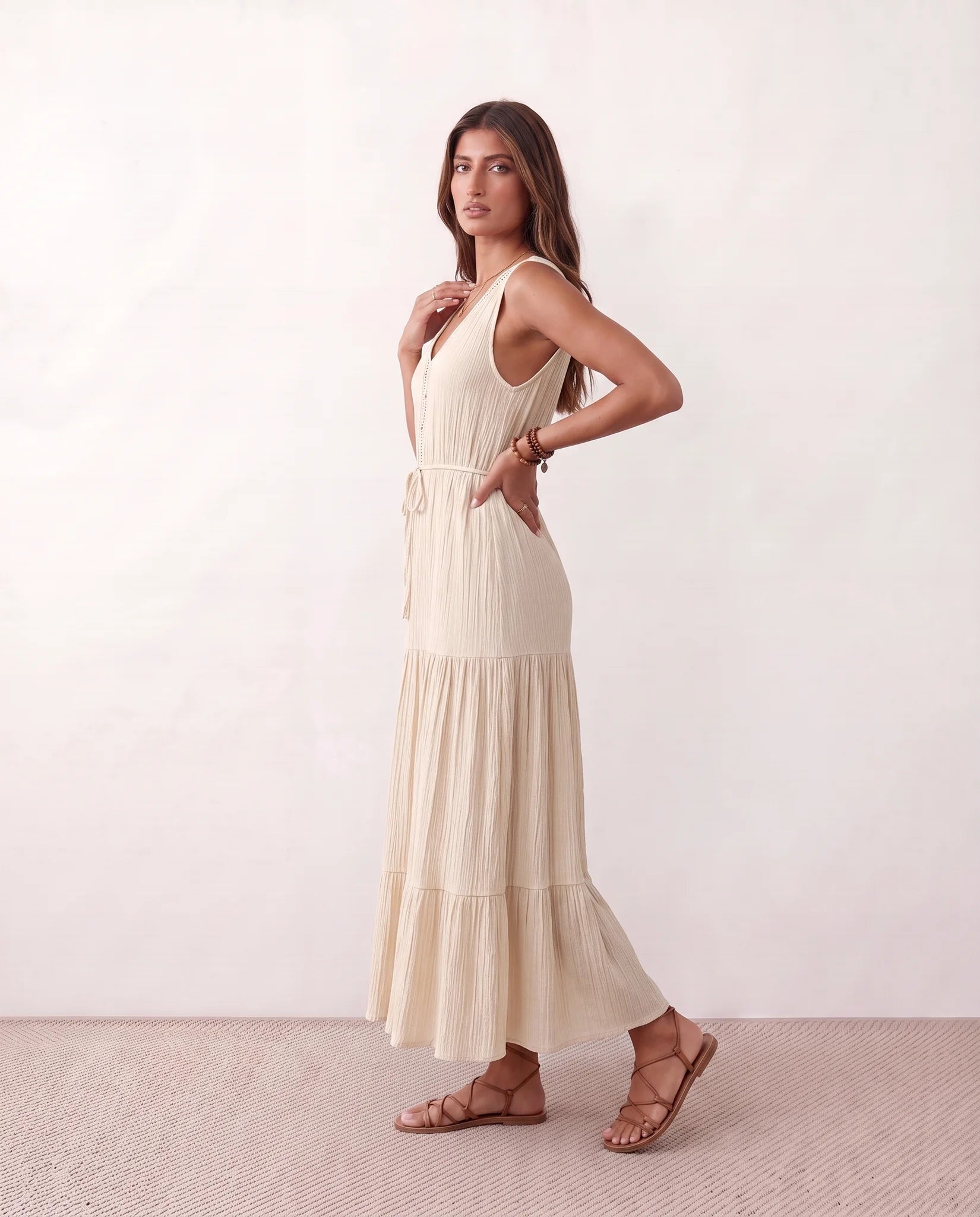 Lubomira A-Line Tiered Midi Dress in Beige — side view