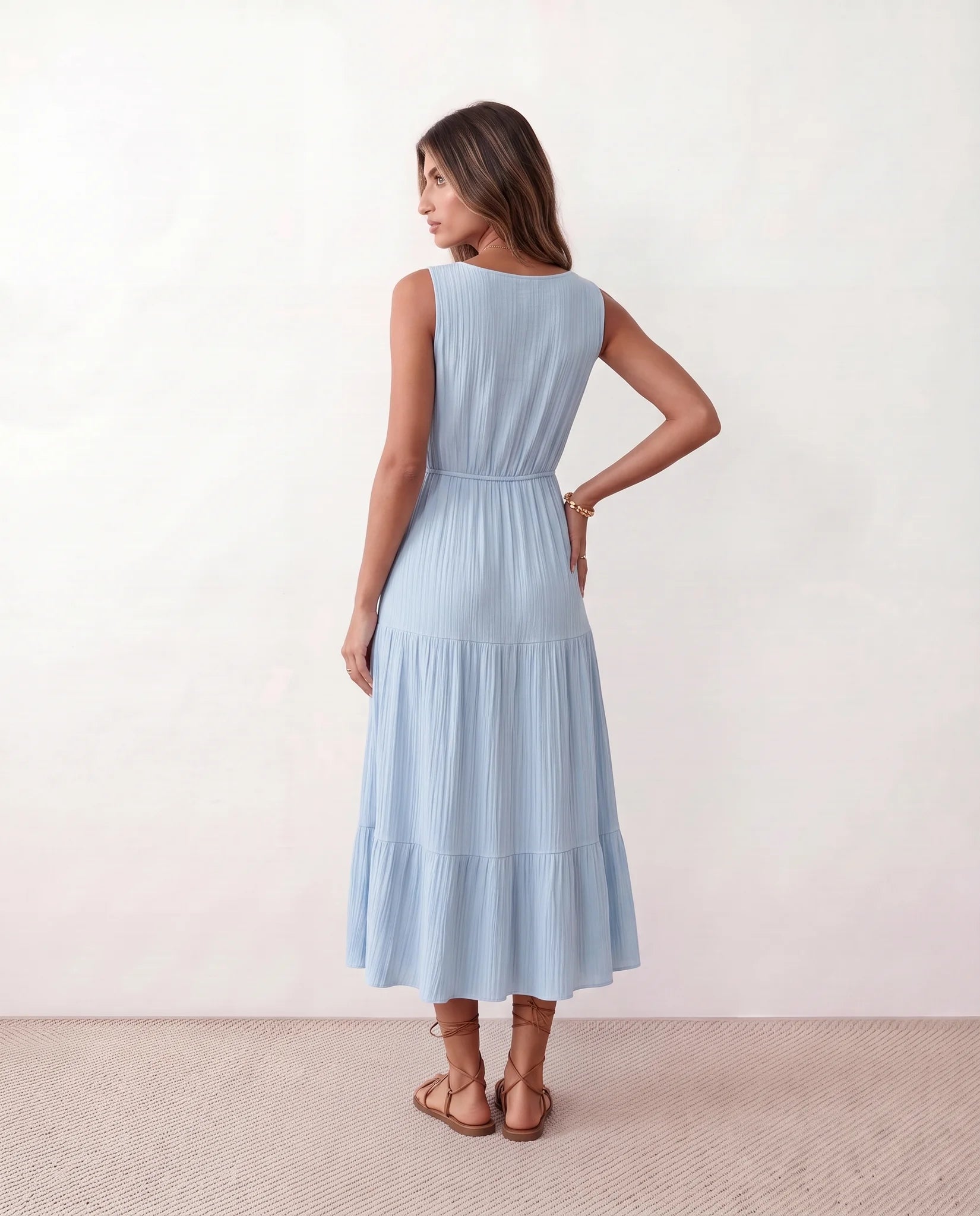 Lubomira A-Line Tiered Midi Dress in Light Blue — back view