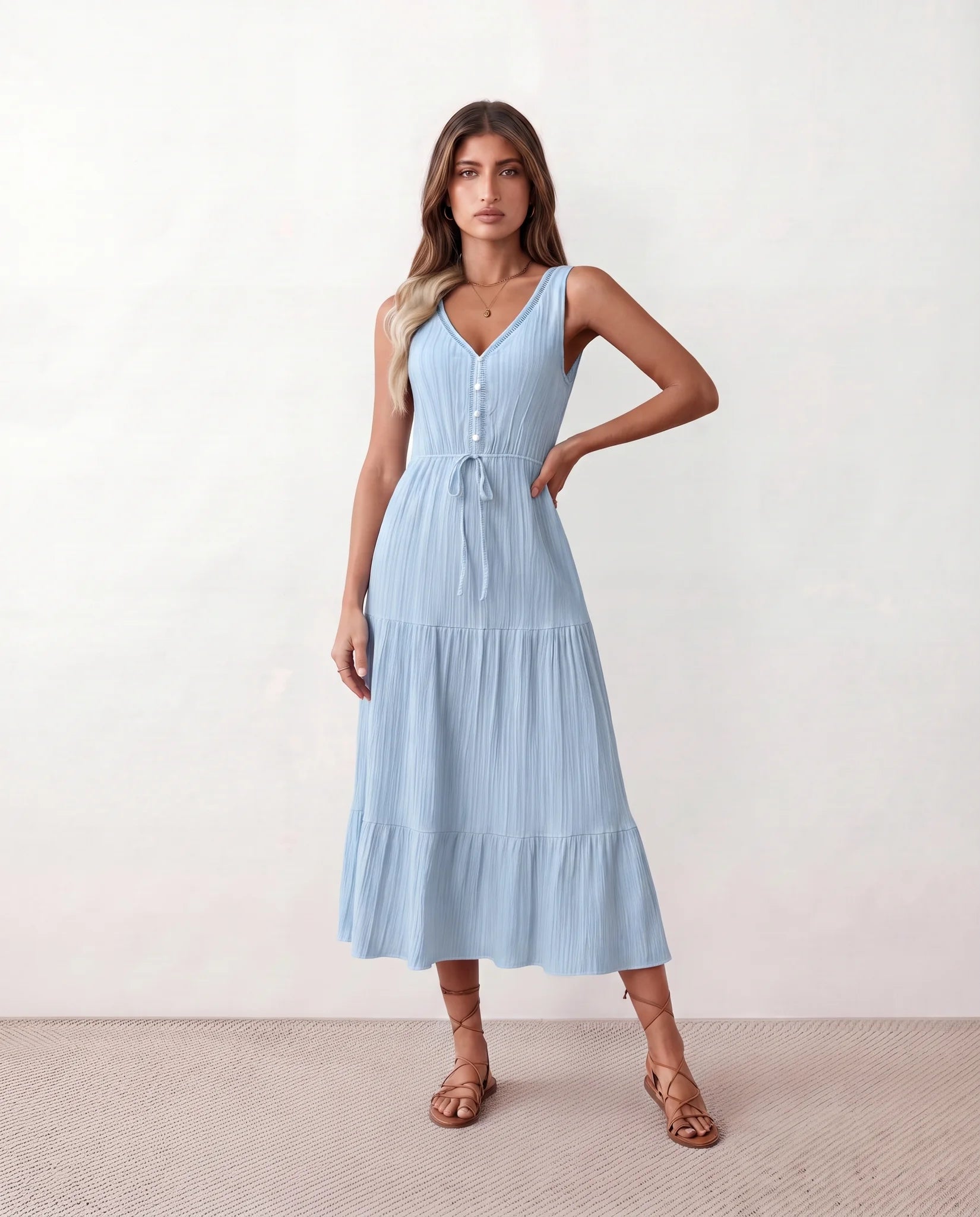 Lubomira A-Line Tiered Midi Dress in Light Blue — front view