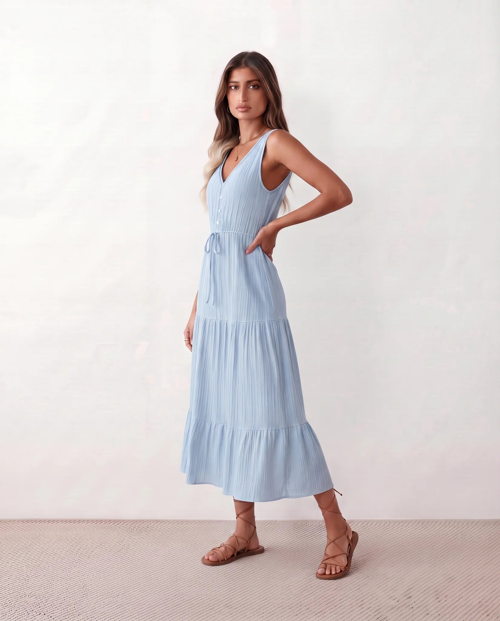 Lubomira A-Line Tiered Midi Dress in Light Blue — side view