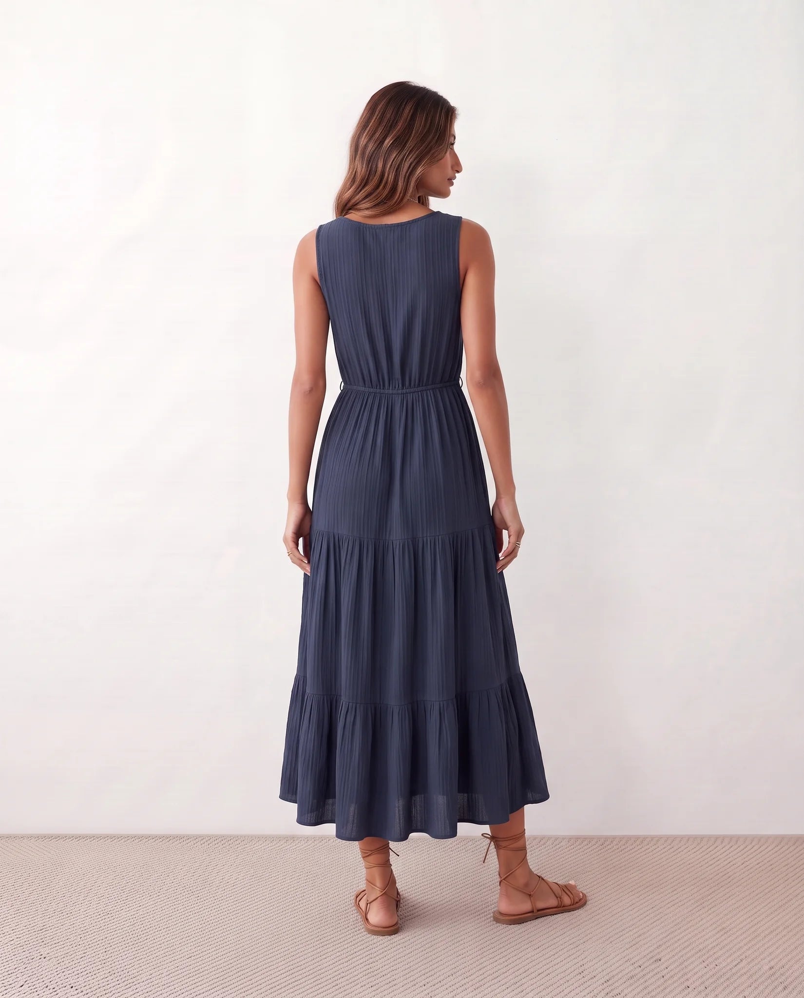 Lubomira A-Line Tiered Midi Dress in Navy — back view
