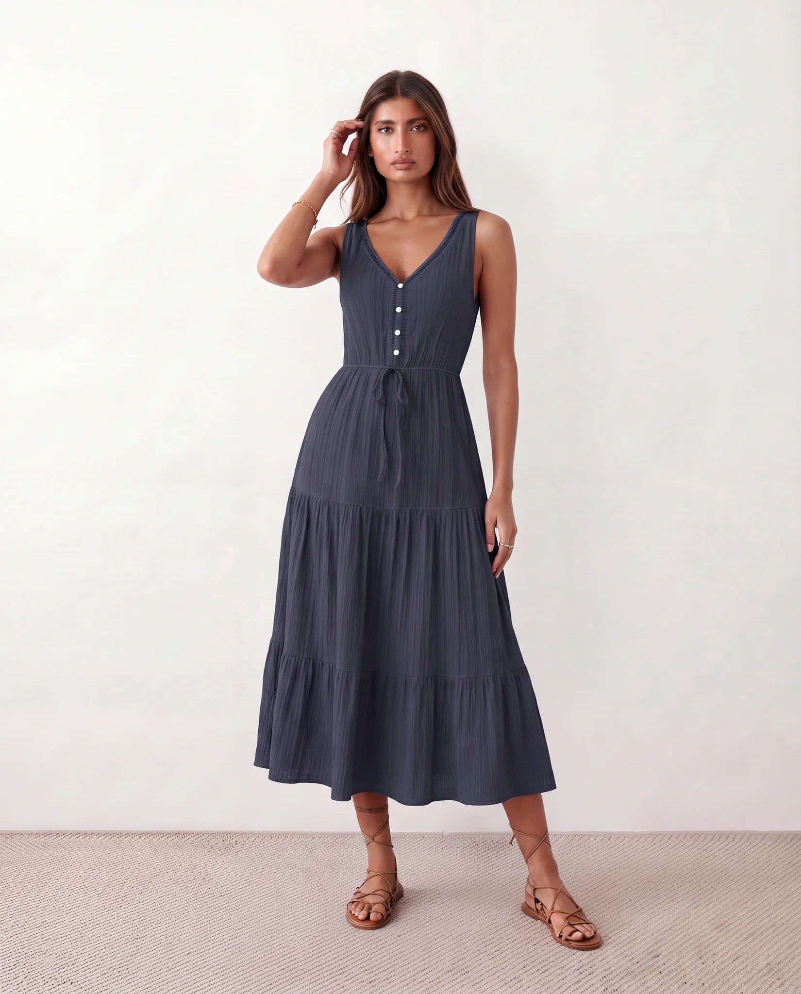 Lubomira A-Line Tiered Midi Dress in Navy — front view