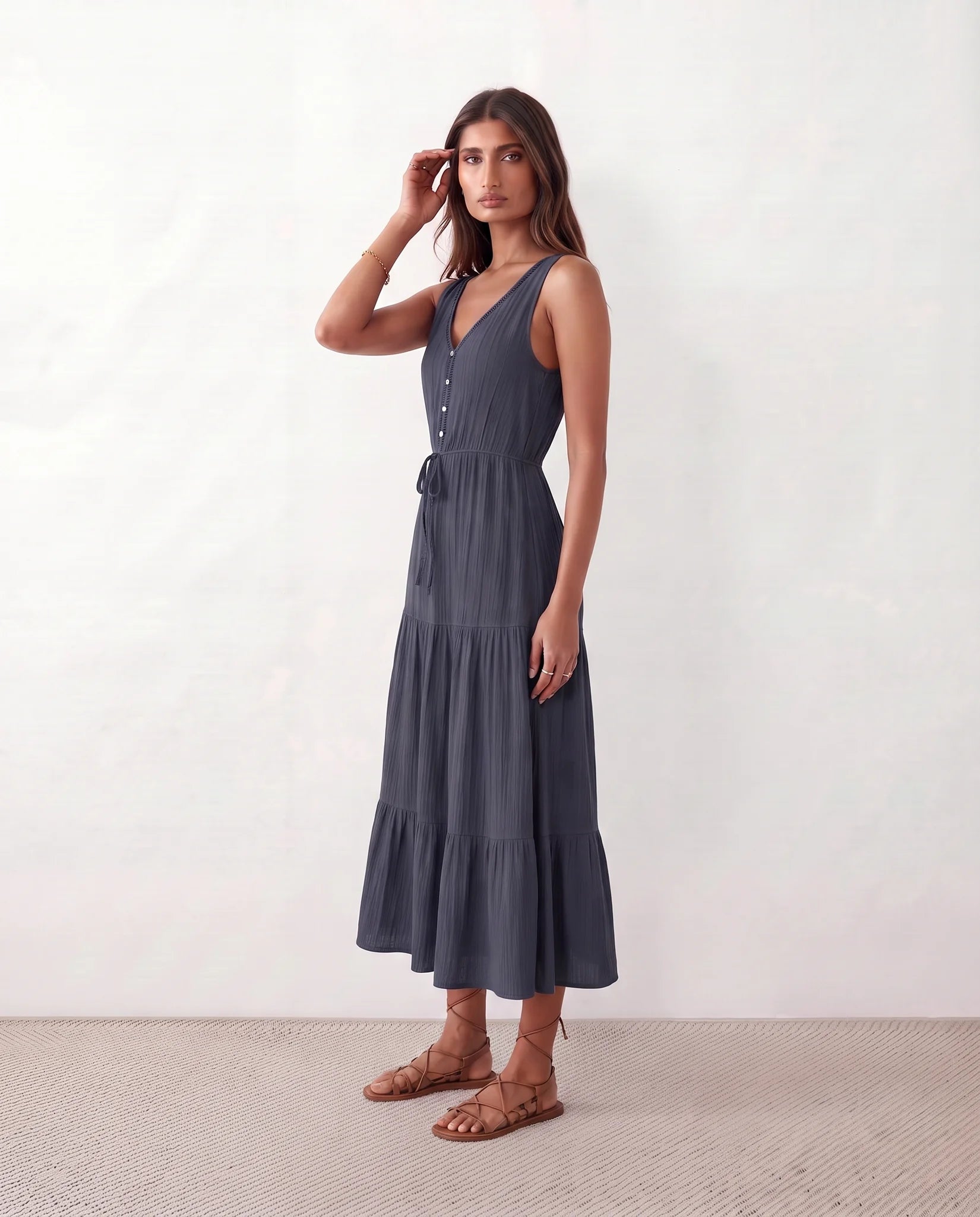 Lubomira A-Line Tiered Midi Dress in Navy — side view