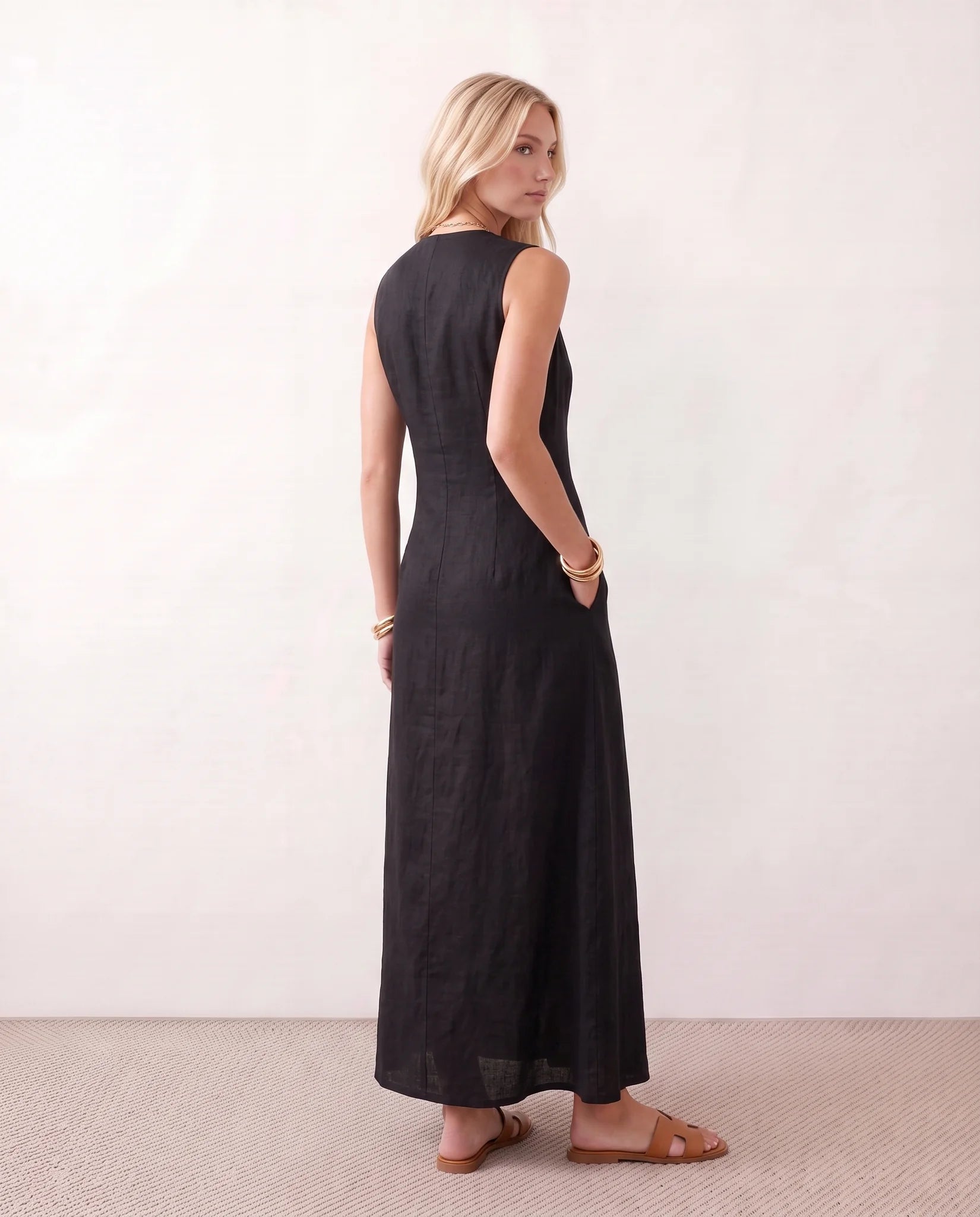 Luna Button Front Maxi Dress in Black — back view