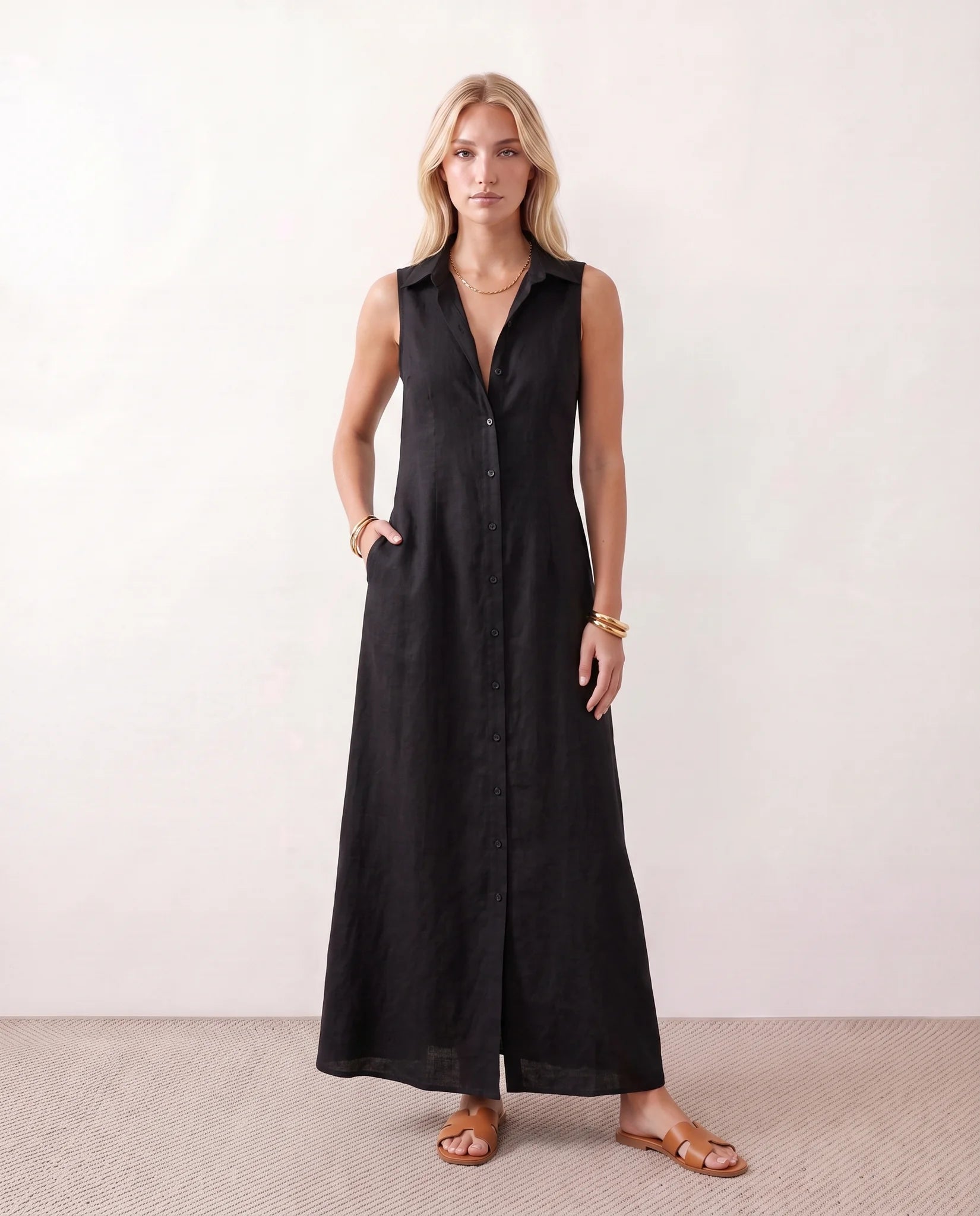 Luna Button Front Maxi Dress in Black — front view