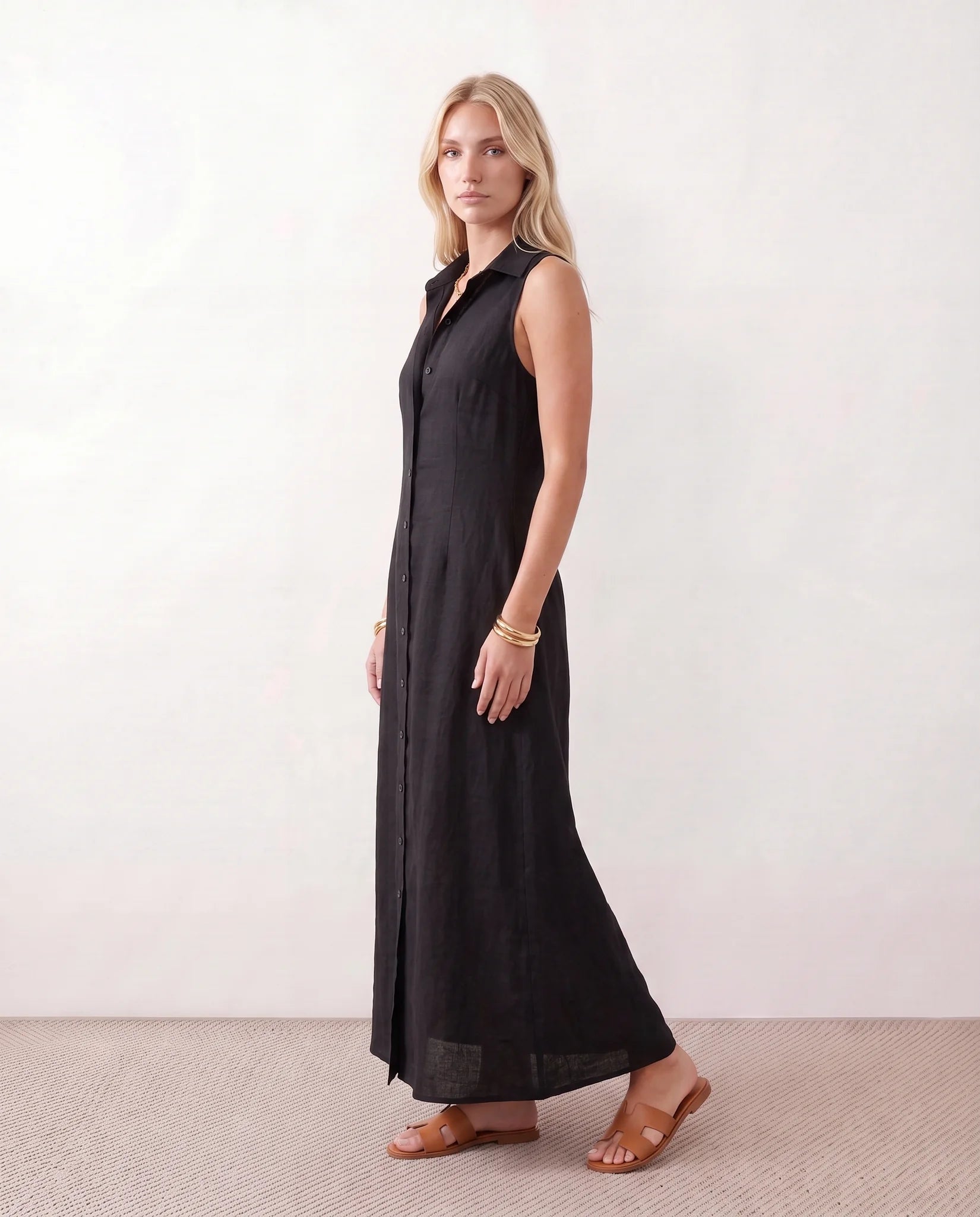 Luna Button Front Maxi Dress in Black — side view