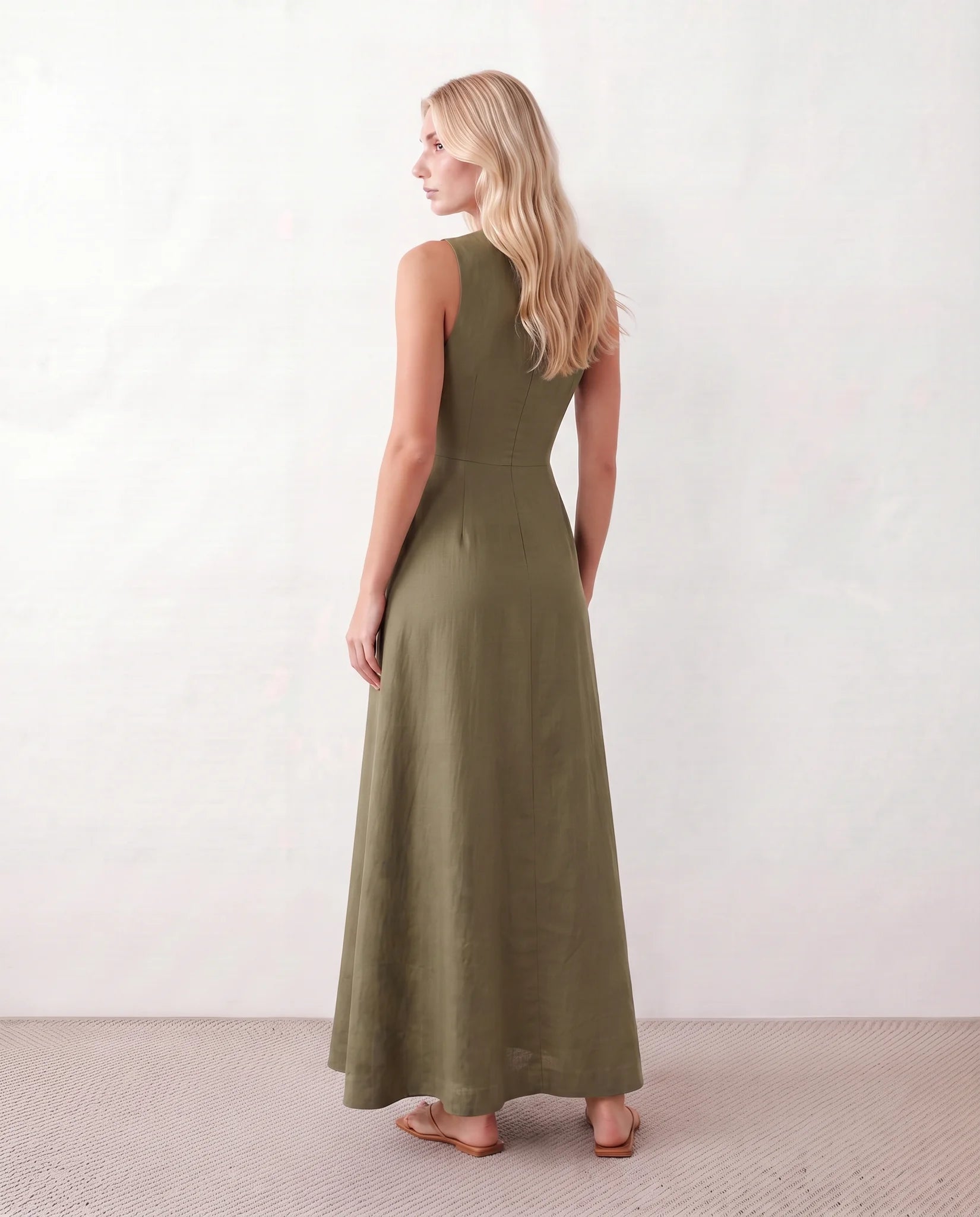 Luna Button Front Maxi Dress in Green — back view