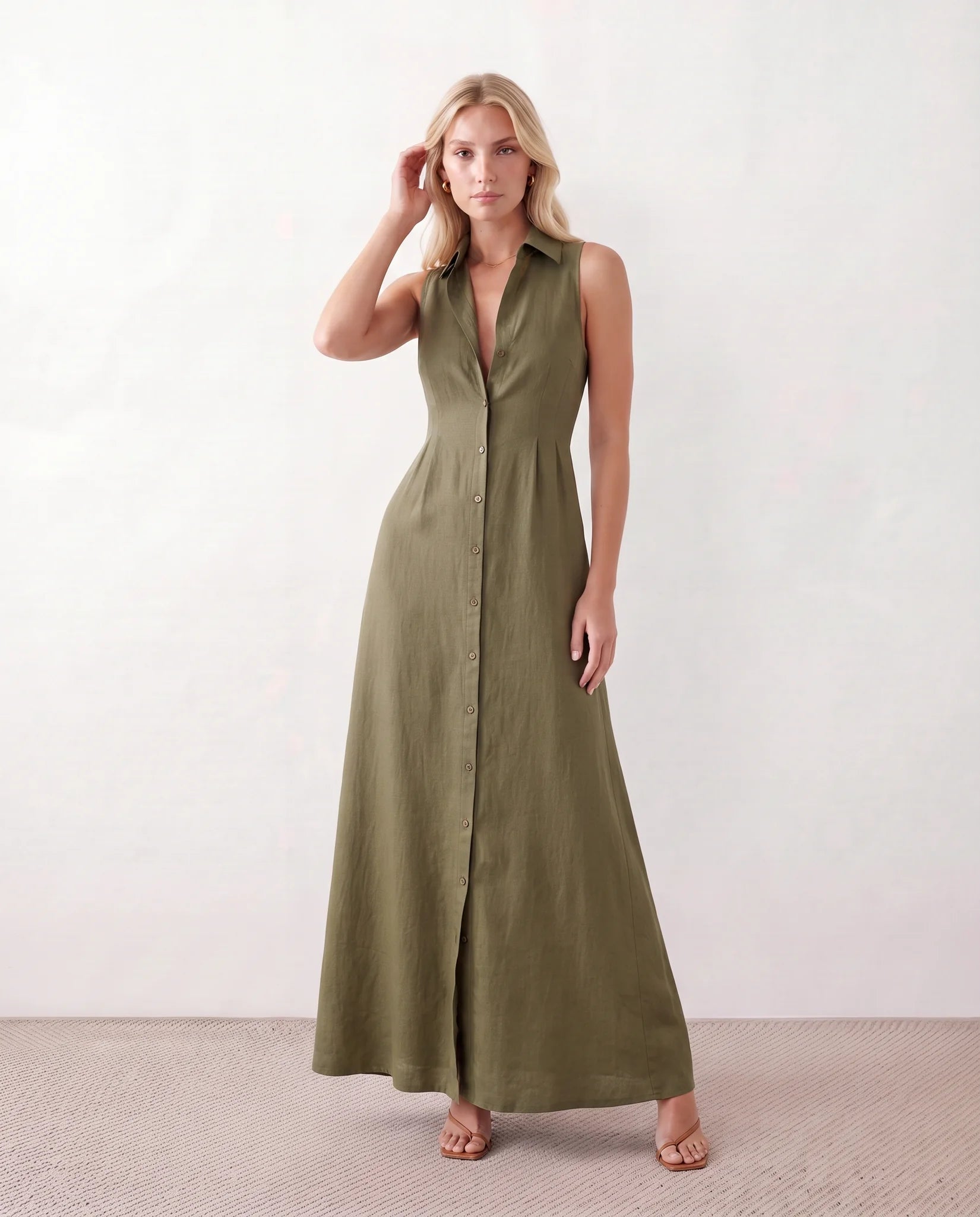 Luna Button Front Maxi Dress in Green — front view