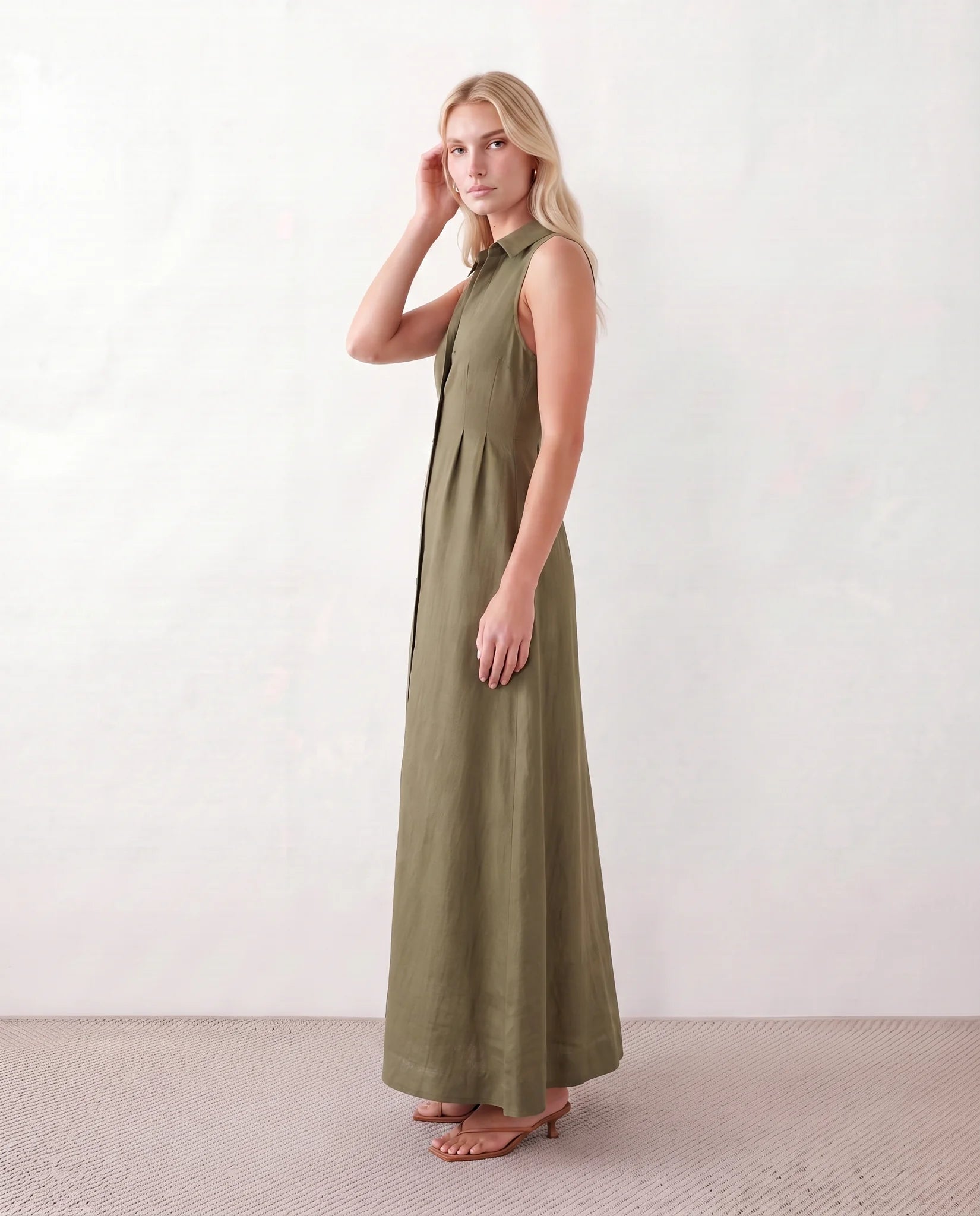 Luna Button Front Maxi Dress in Green — side view