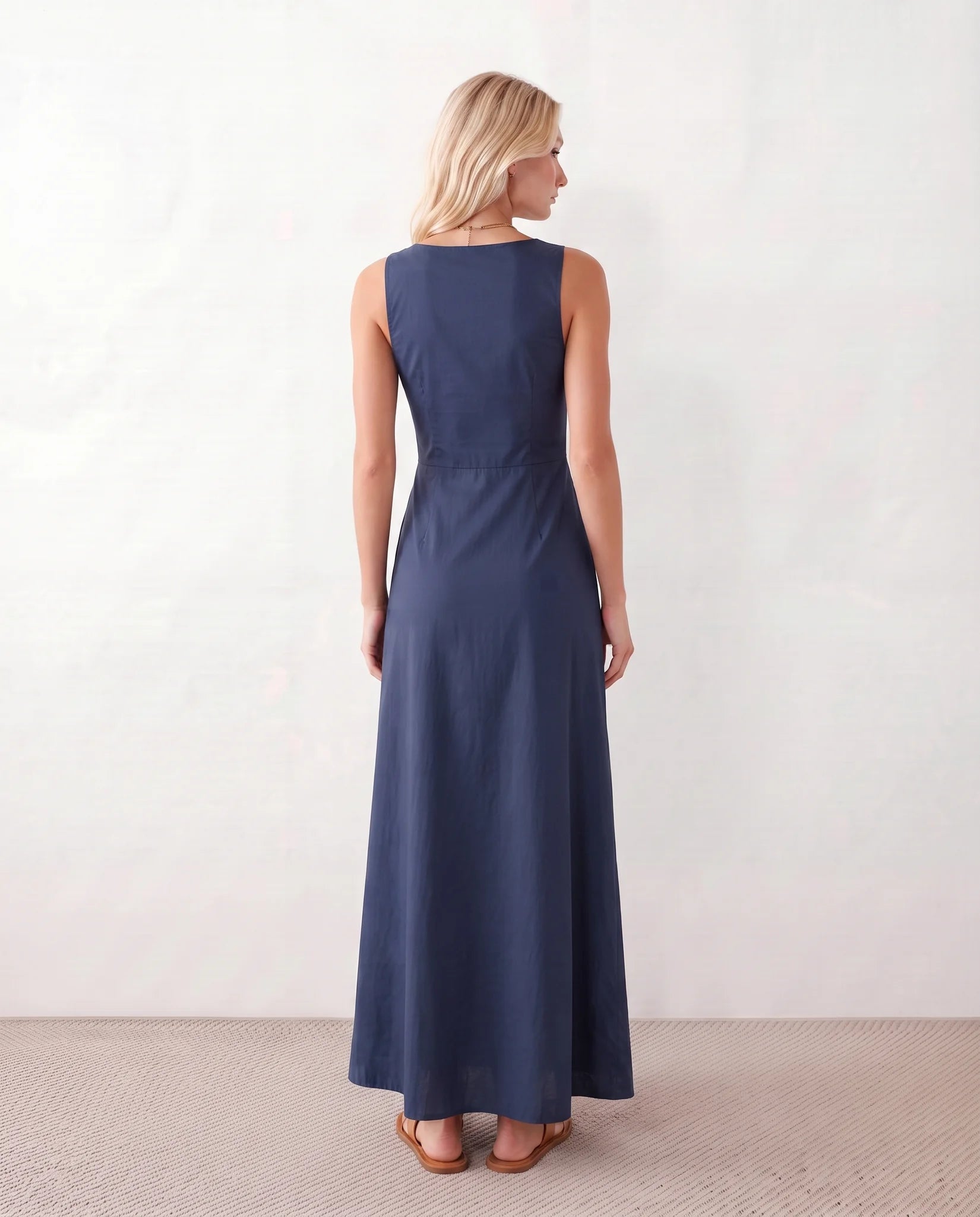 Luna Button Front Maxi Dress in Navy — back view