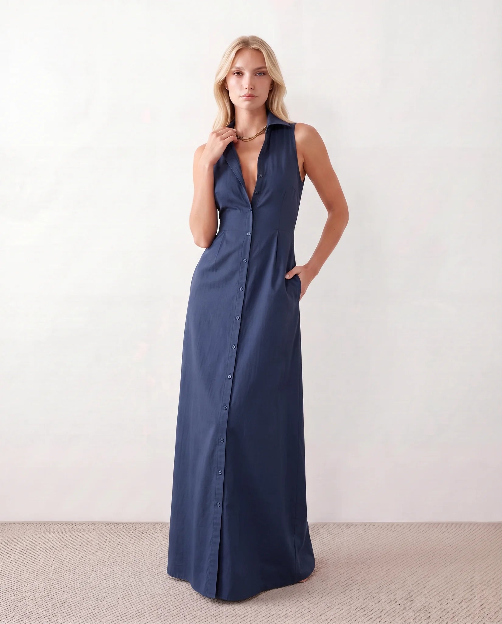 Luna Button Front Maxi Dress in Navy — front view