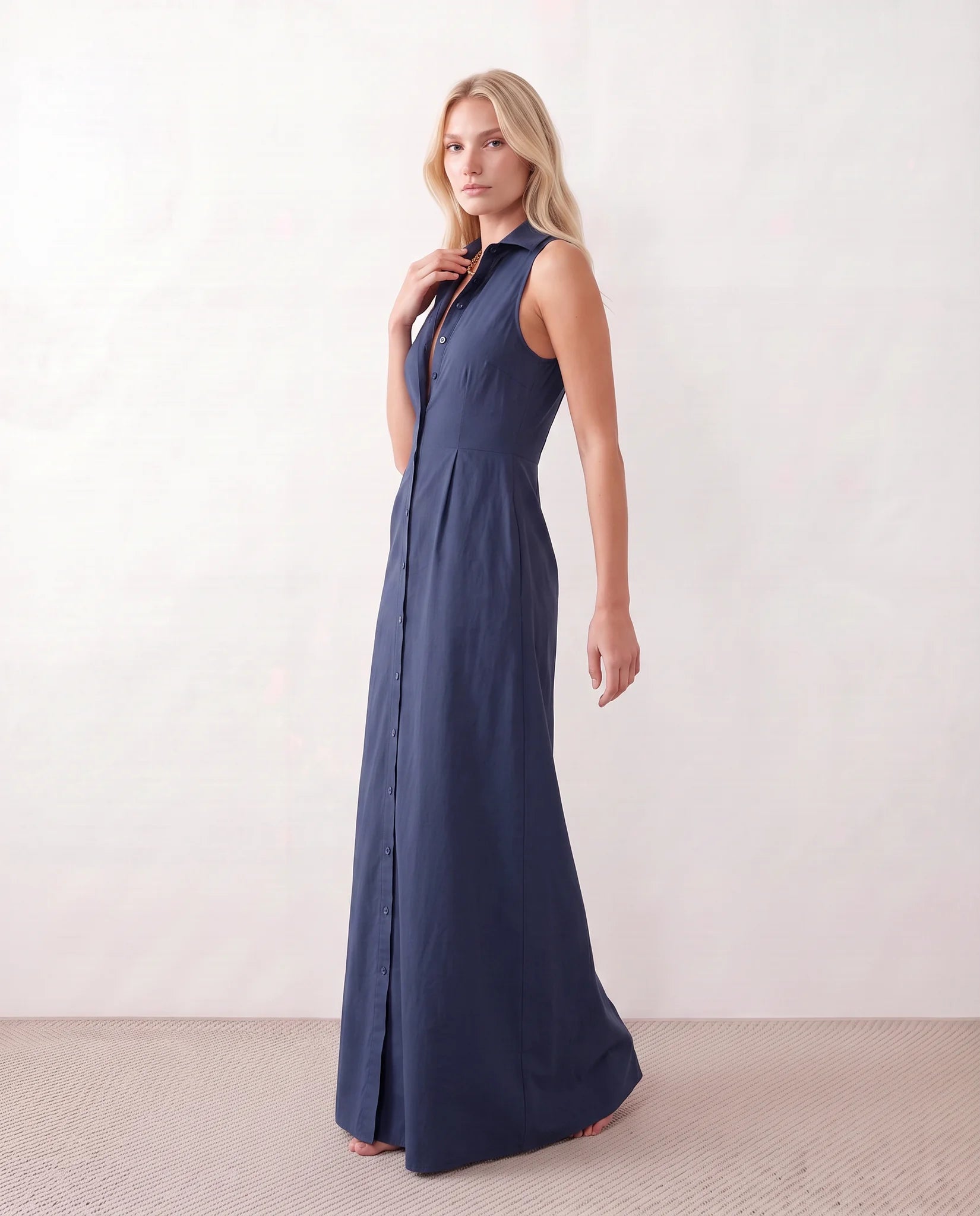 Luna Button Front Maxi Dress in Navy — side view