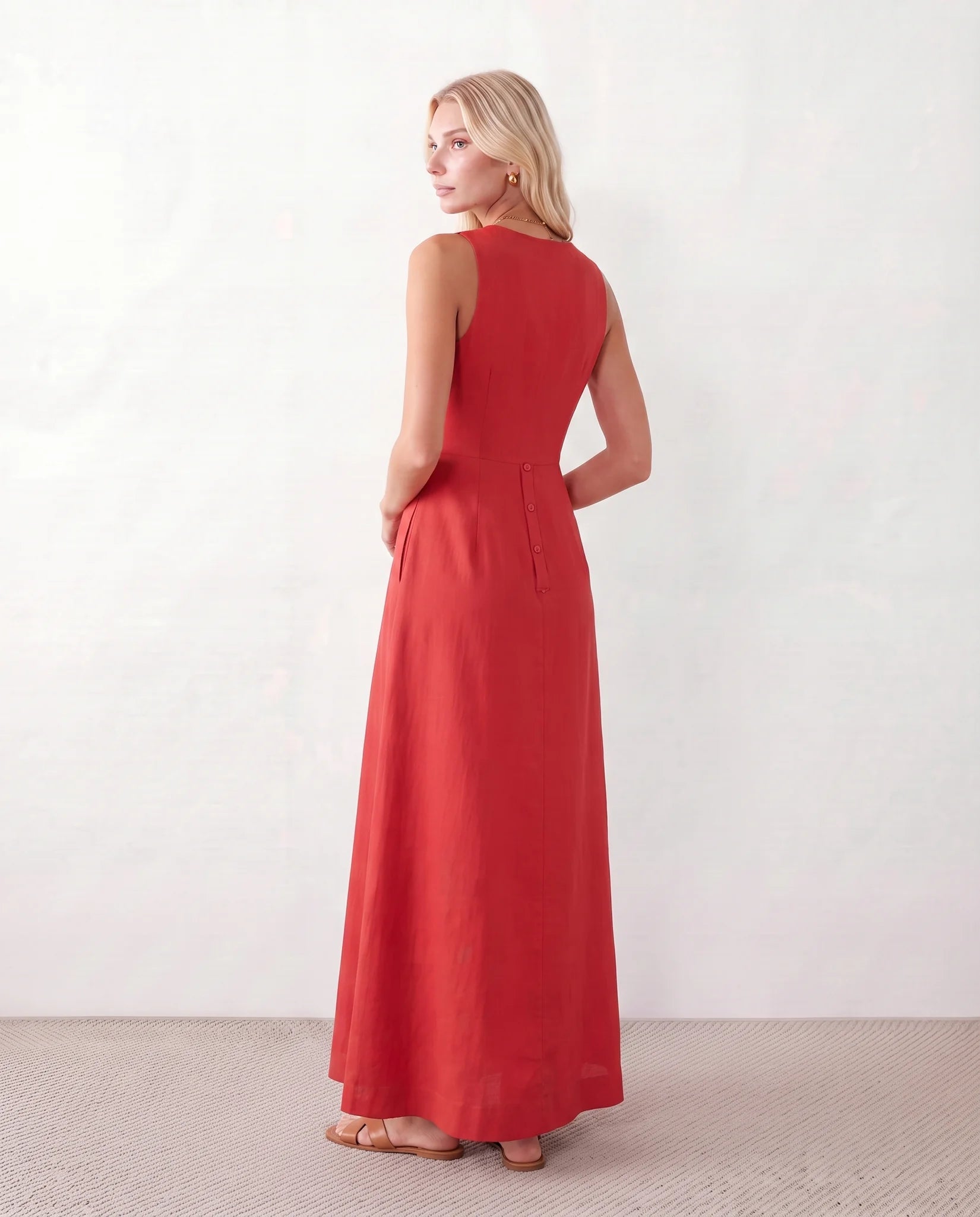 Luna Button Front Maxi Dress in Red — back view