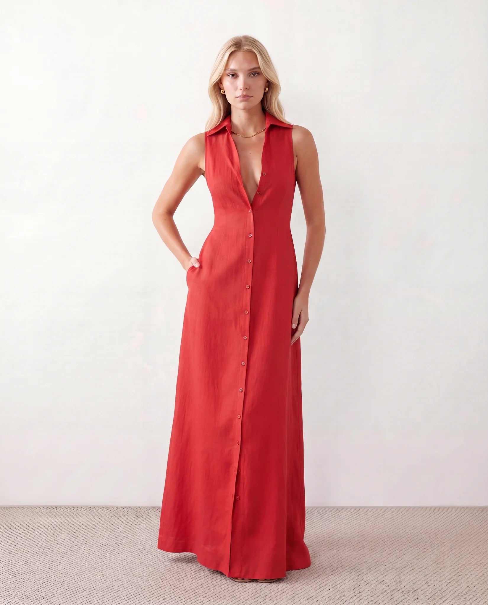 Luna Button Front Maxi Dress in Red — front view