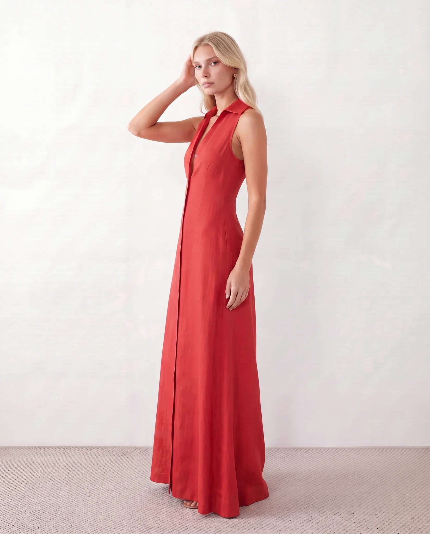 Luna Button Front Maxi Dress in Red — side view