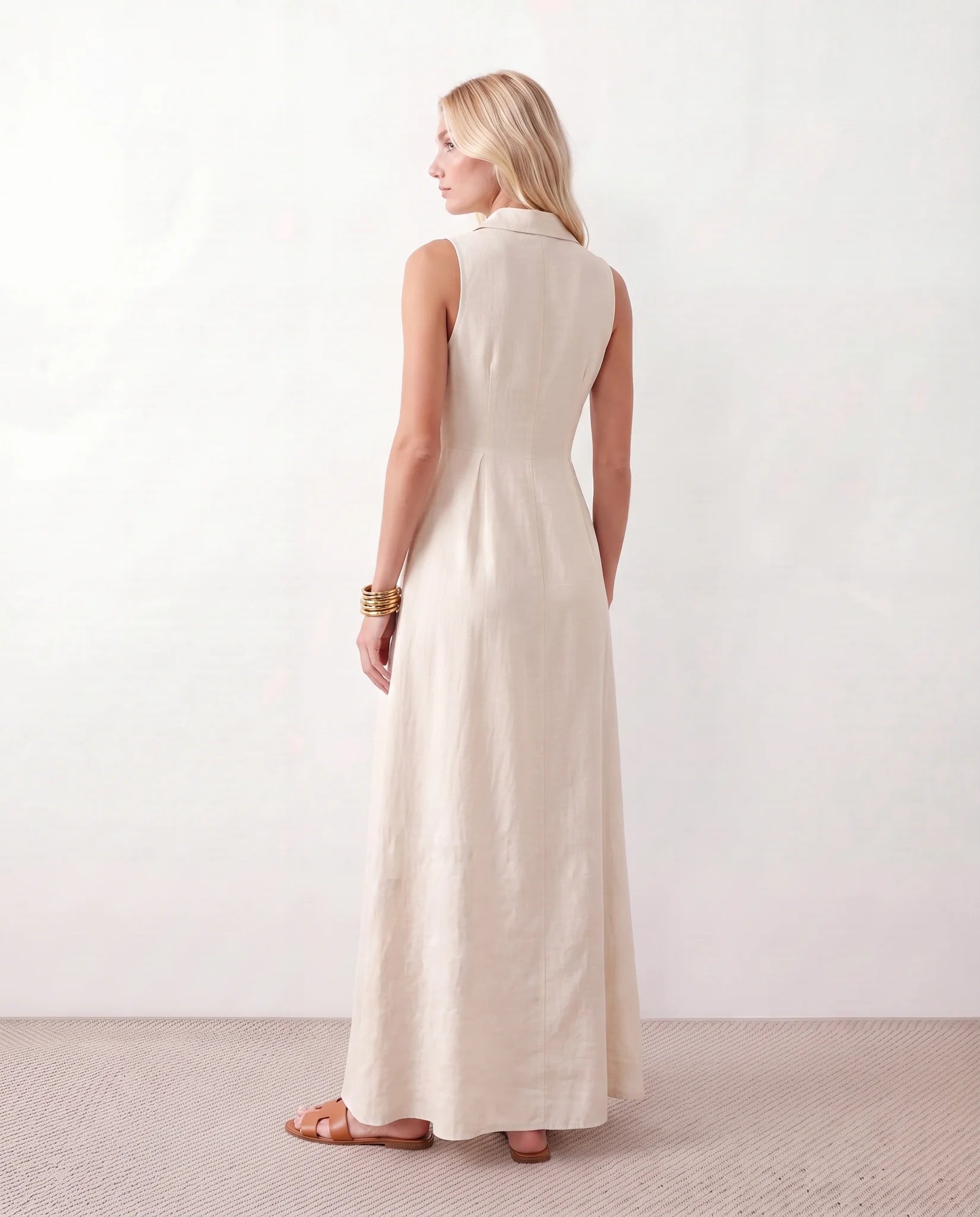 Luna Button Front Maxi Dress in White — back view