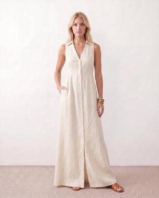 Luna Button Front Maxi Dress in White — front view