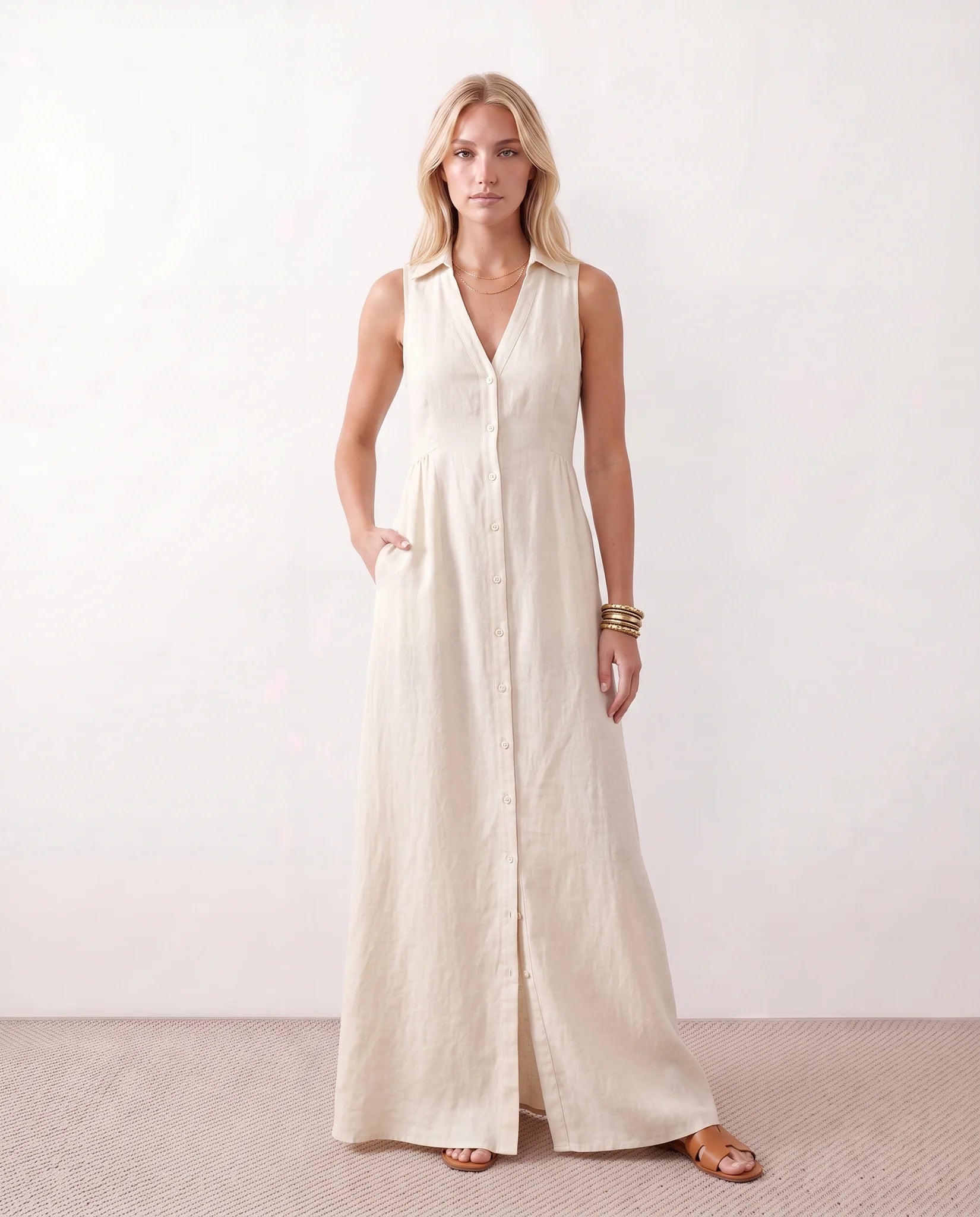 Luna Button Front Maxi Dress in White — front view