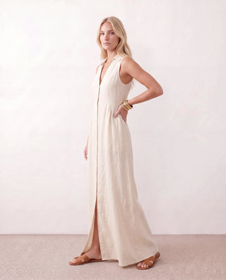 Luna Button Front Maxi Dress in White — side view