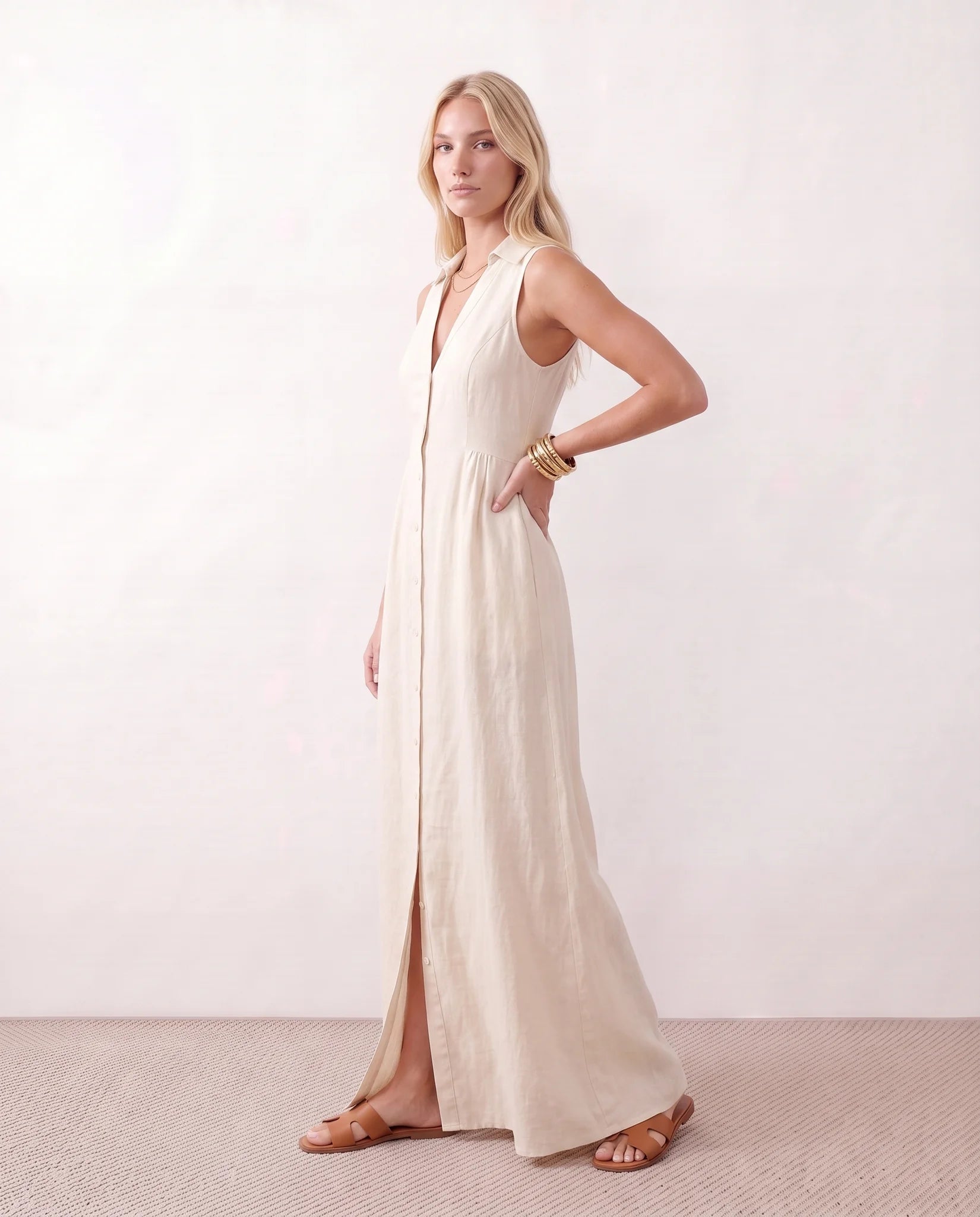 Luna Button Front Maxi Dress in White — side view