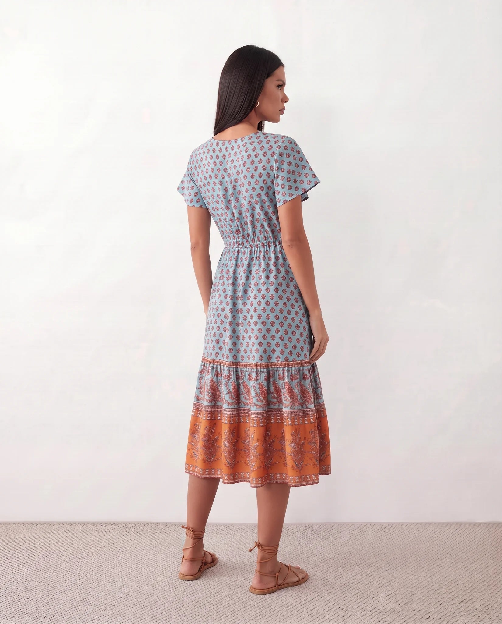 Varvara Floral A-Line Midi Dress in Light Blue — back view