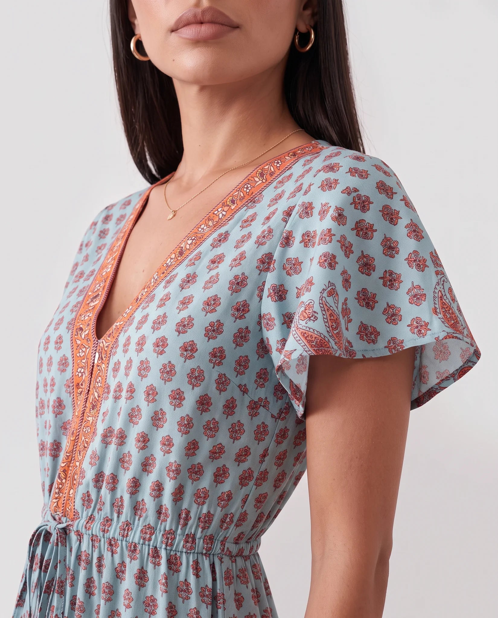 Varvara Floral A-Line Midi Dress in Light Blue — detail close-up