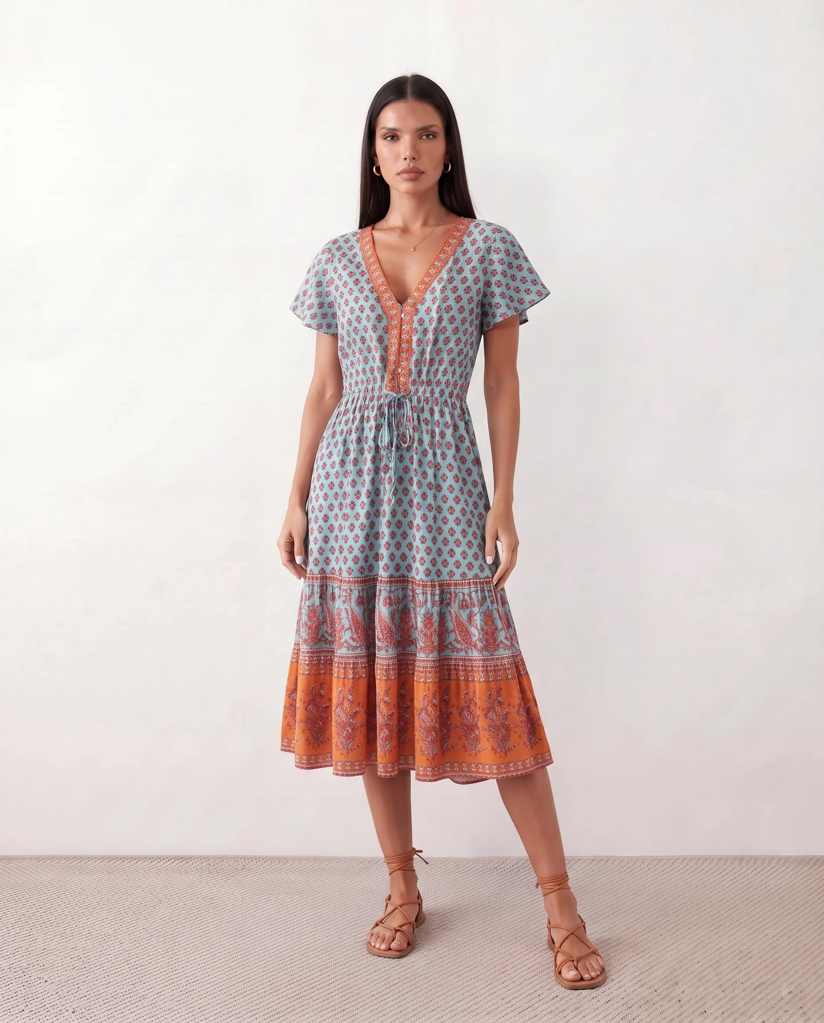 Varvara Floral A-Line Midi Dress in Light Blue — front view