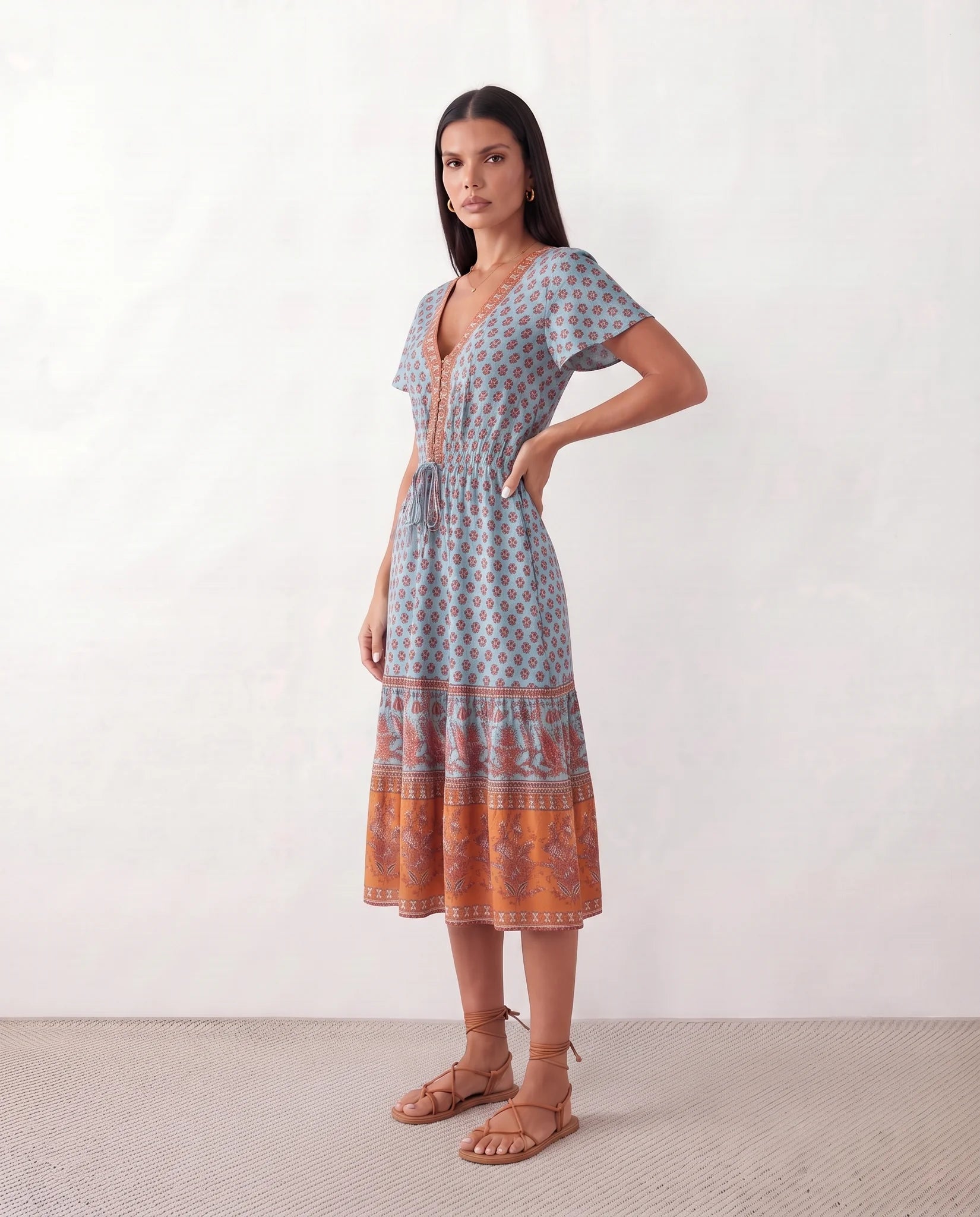 Varvara Floral A-Line Midi Dress in Light Blue — side view
