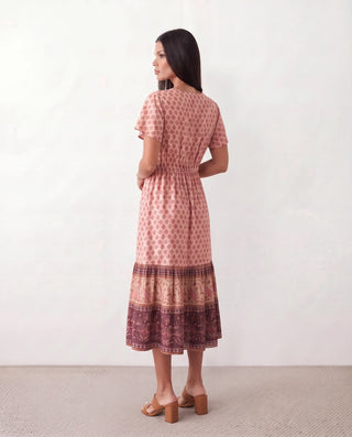 Varvara Floral A-Line Midi Dress in Red — back view
