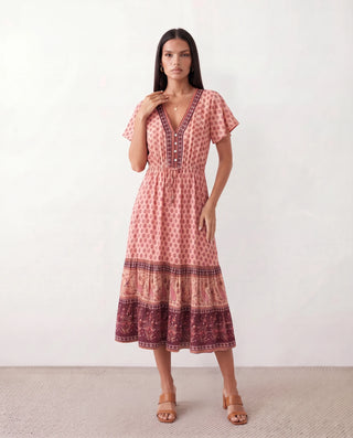 Varvara Floral A-Line Midi Dress in Red — front view