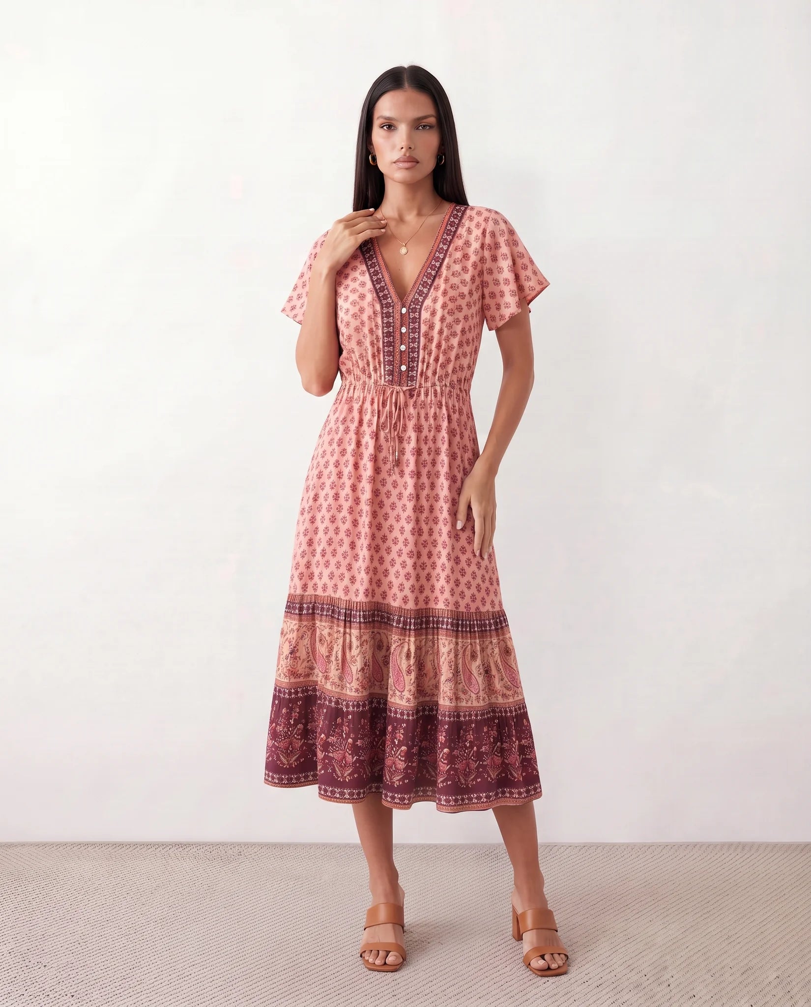 Varvara Floral A-Line Midi Dress in Red — front view