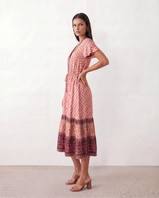 Varvara Floral A-Line Midi Dress in Red — side view