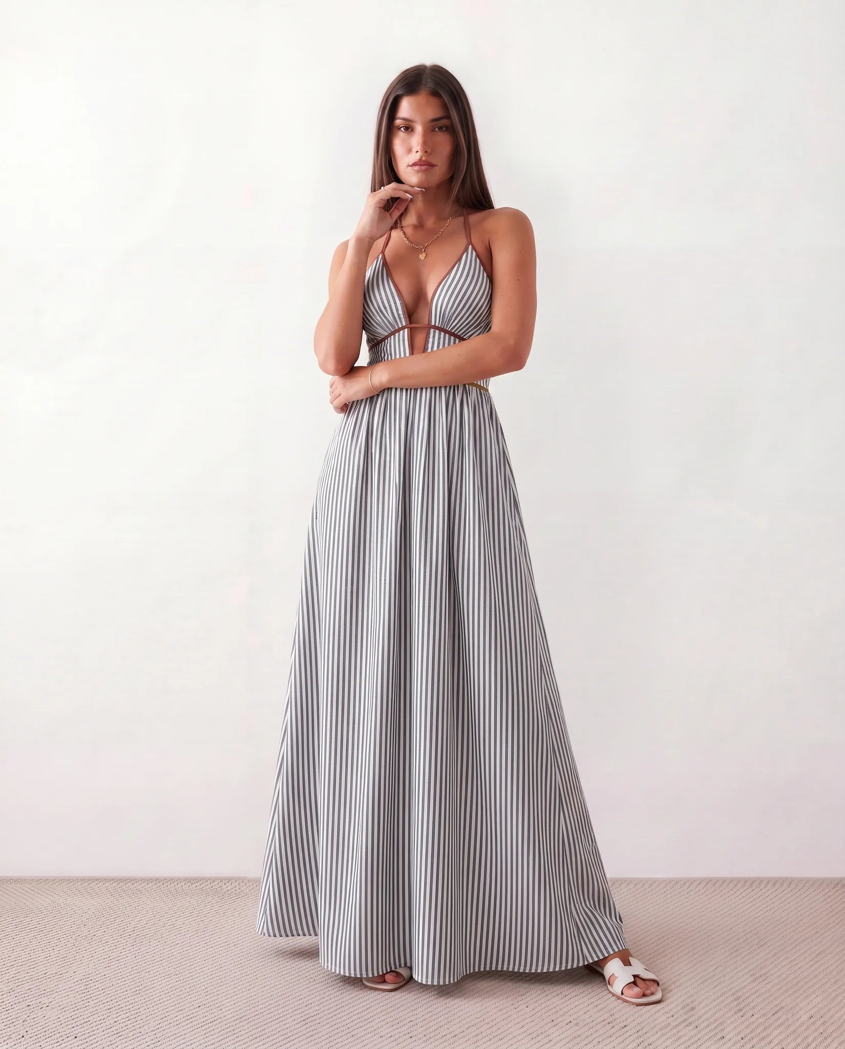 Tiegan Spaghetti Strap Halter Maxi Dress in Black — front view