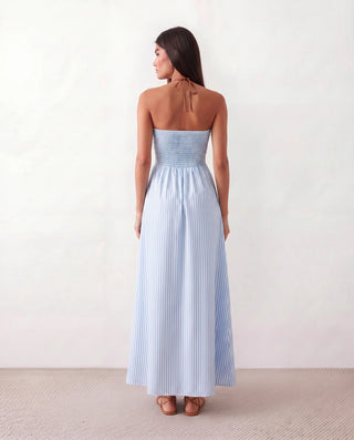 Tiegan Spaghetti Strap Halter Maxi Dress in Blue — back view