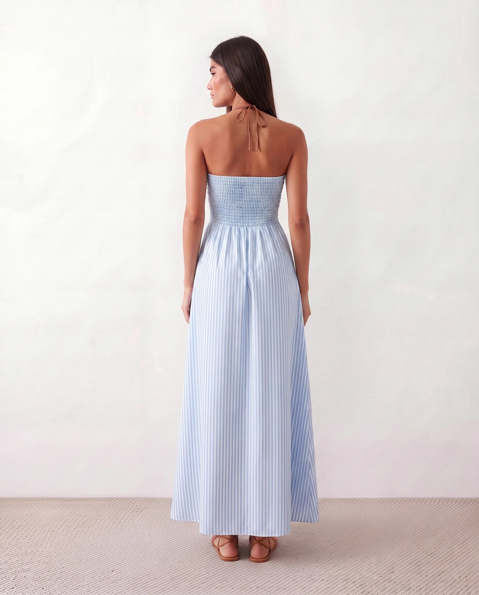 Tiegan Spaghetti Strap Halter Maxi Dress in Blue — back view