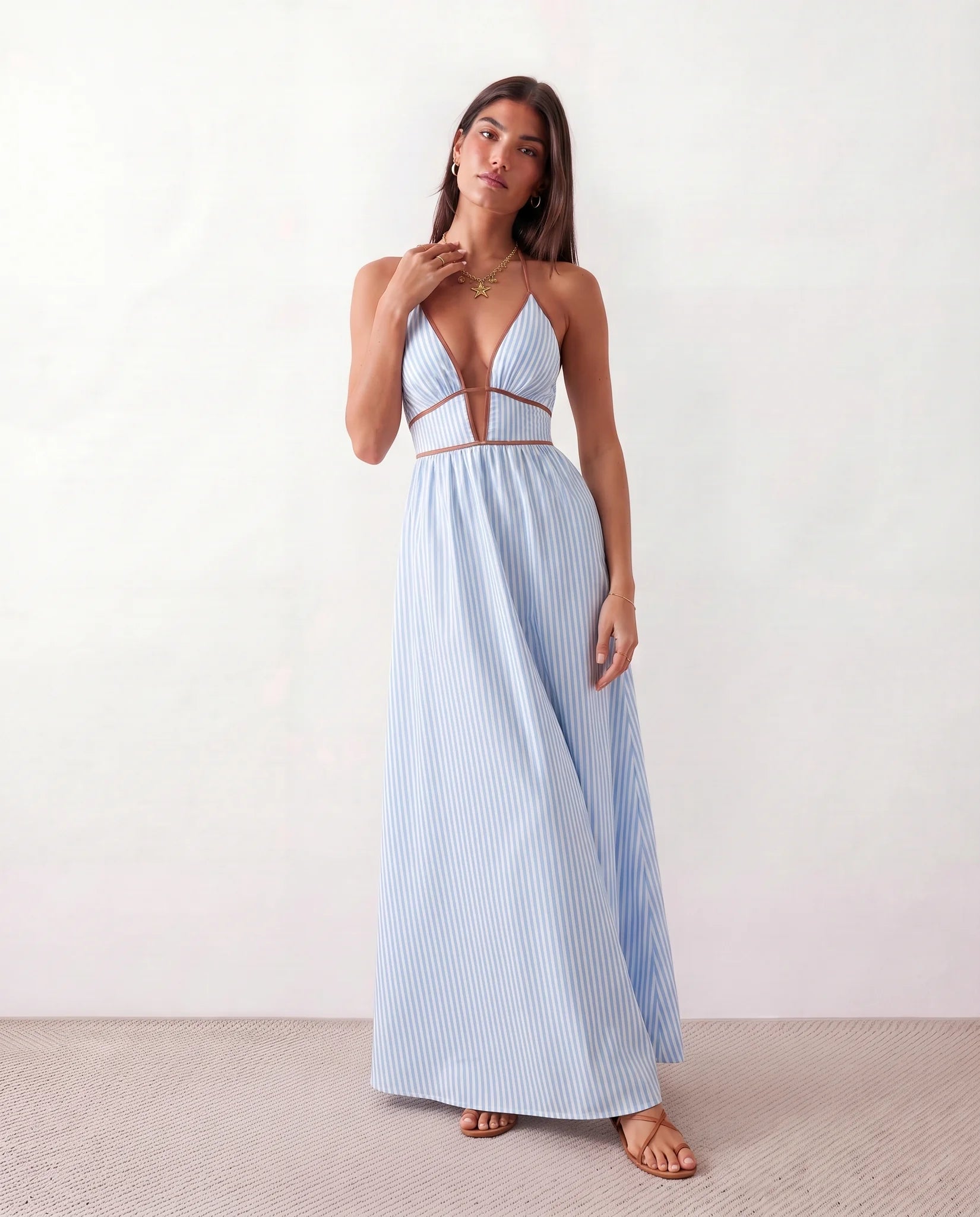 Tiegan Spaghetti Strap Halter Maxi Dress in Blue — front view