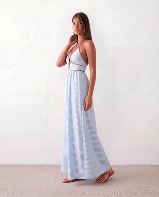 Tiegan Spaghetti Strap Halter Maxi Dress in Blue — side view