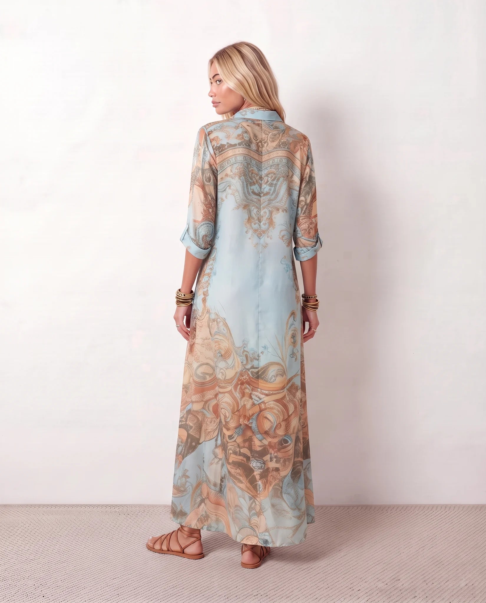 Nienke Abstract Print Button Front Maxi Dress in Blue — back view