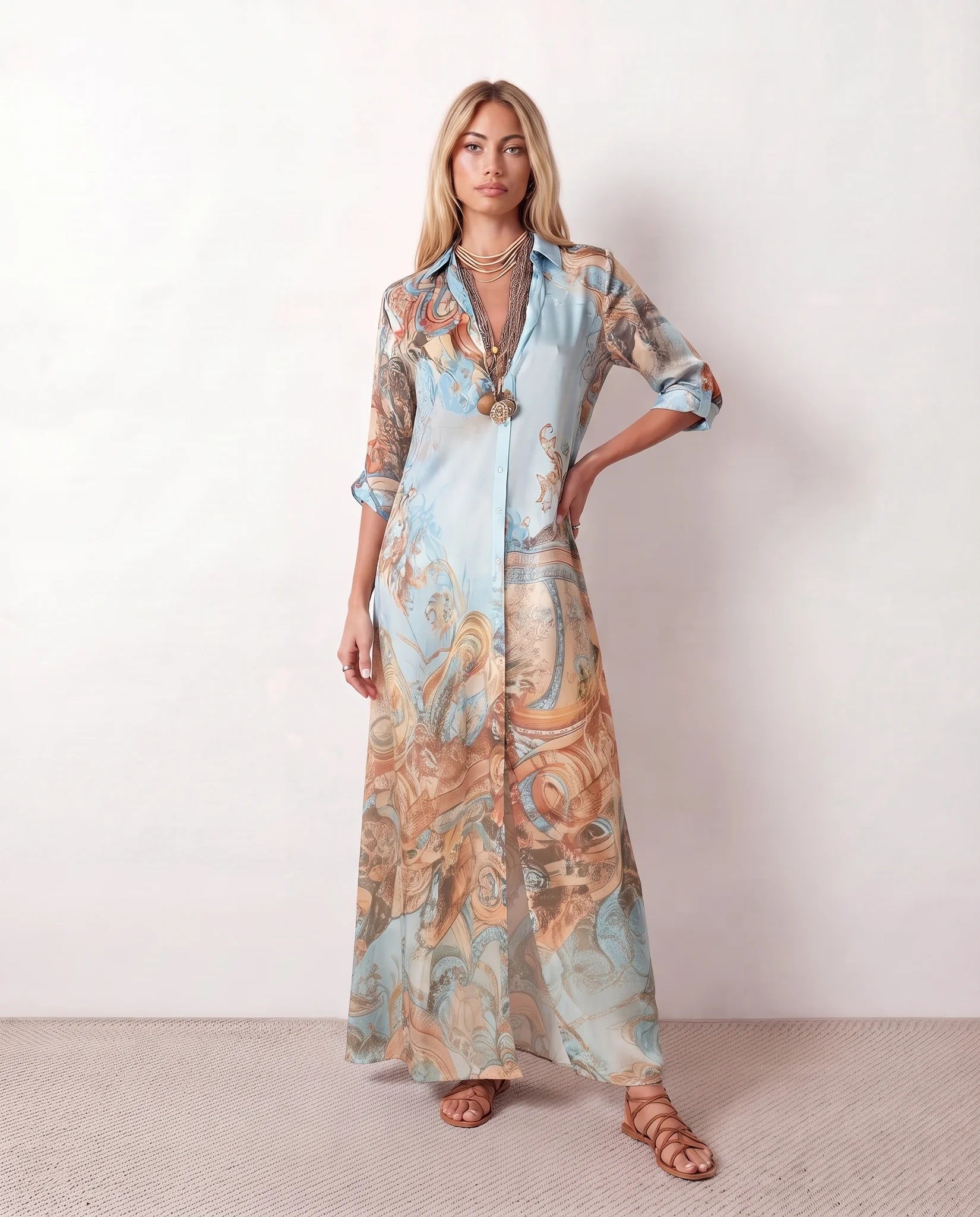 Nienke Abstract Print Button Front Maxi Dress in Blue — front view