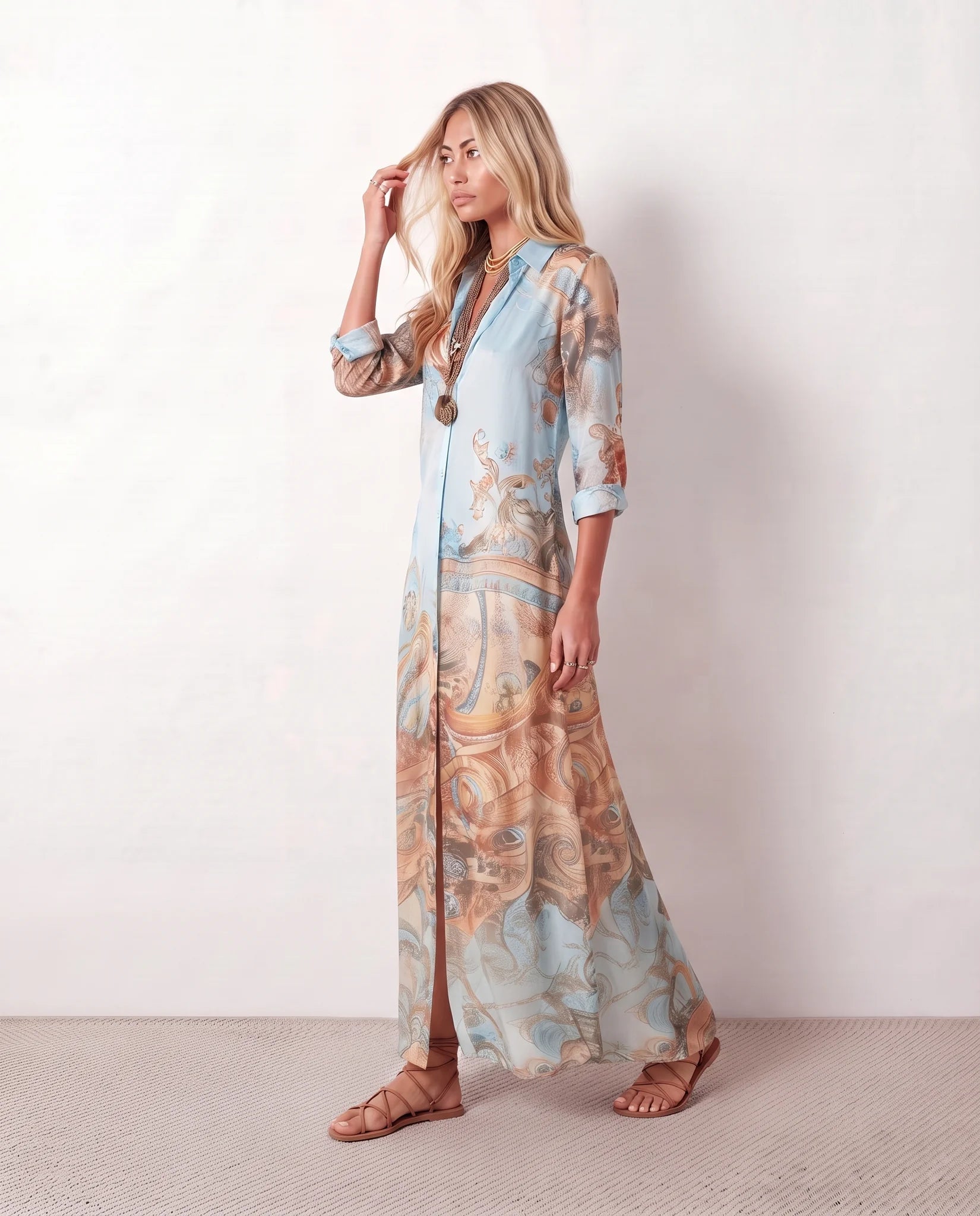 Nienke Abstract Print Button Front Maxi Dress in Blue — side view