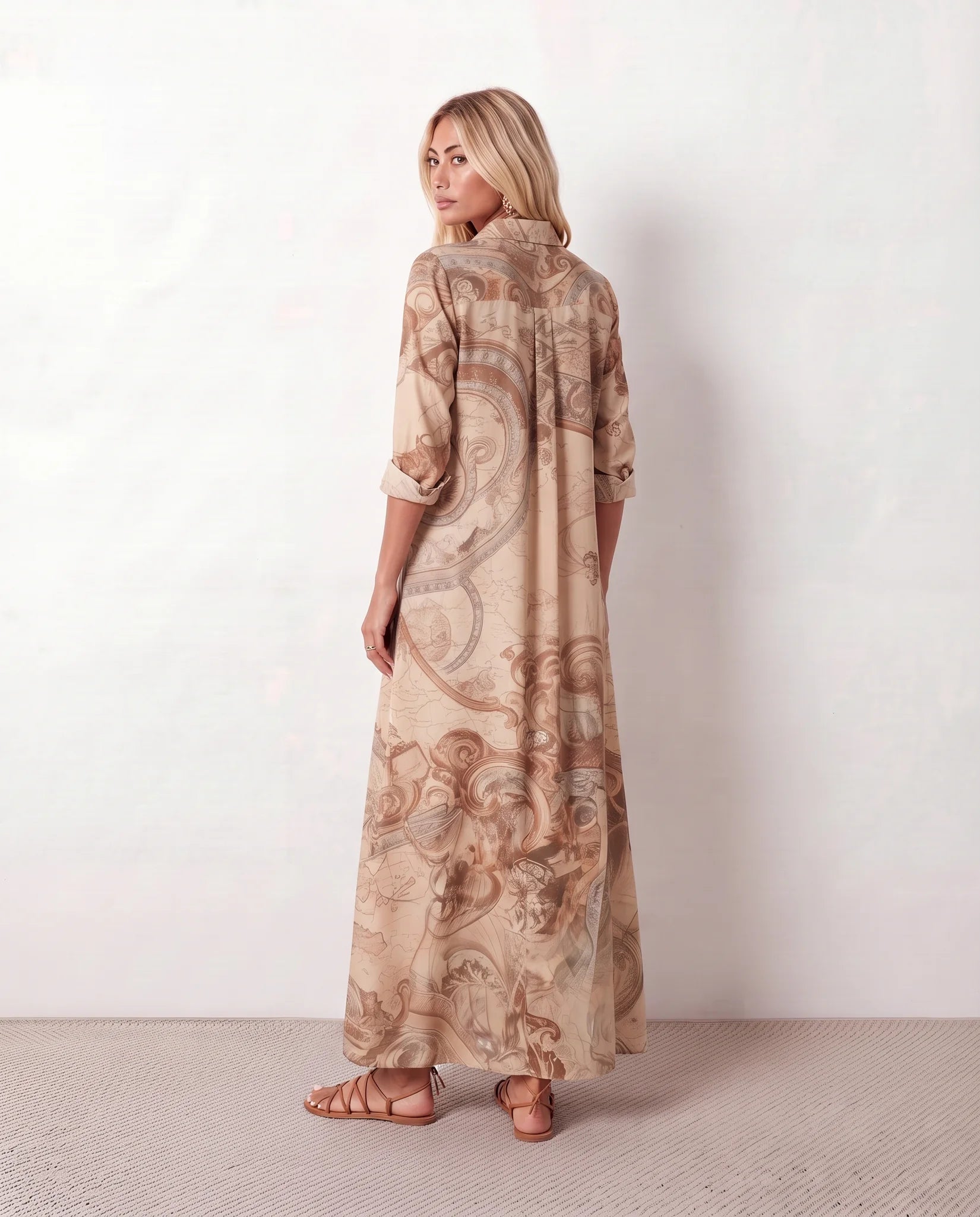Nienke Abstract Print Button Front Maxi Dress in Brown — back view